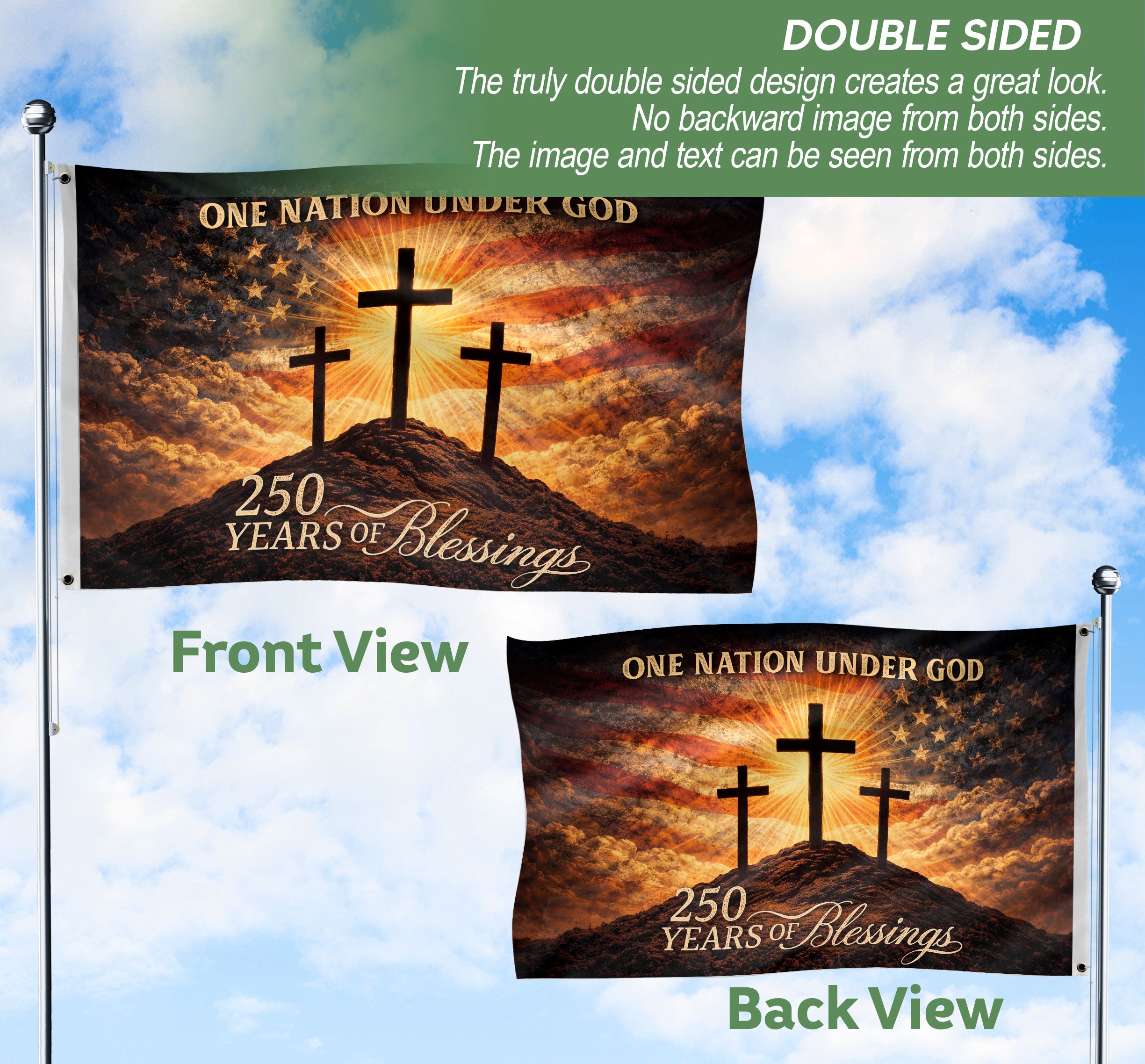 The Blessing of Liberty Flag - 250 Years Celebration - Sacred Three Crosses & American Sky Banner