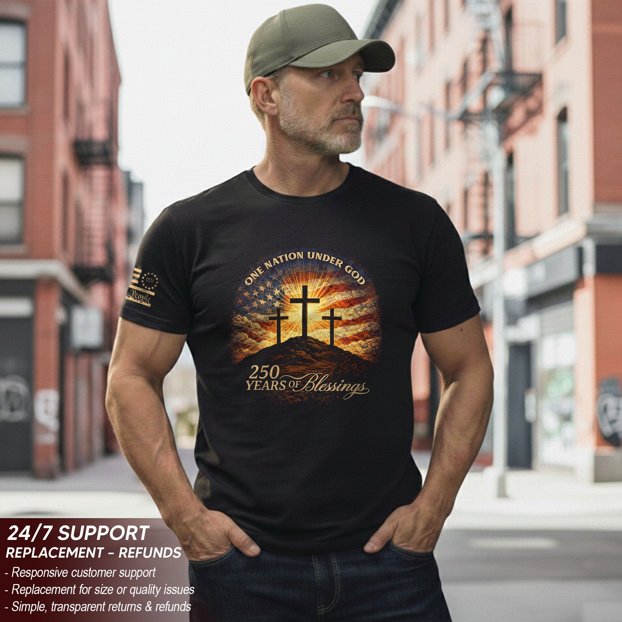250 Years of Blessings One Nation Under God Shirt - 250th Anniversary Commemorative Crosses & Flag Tee