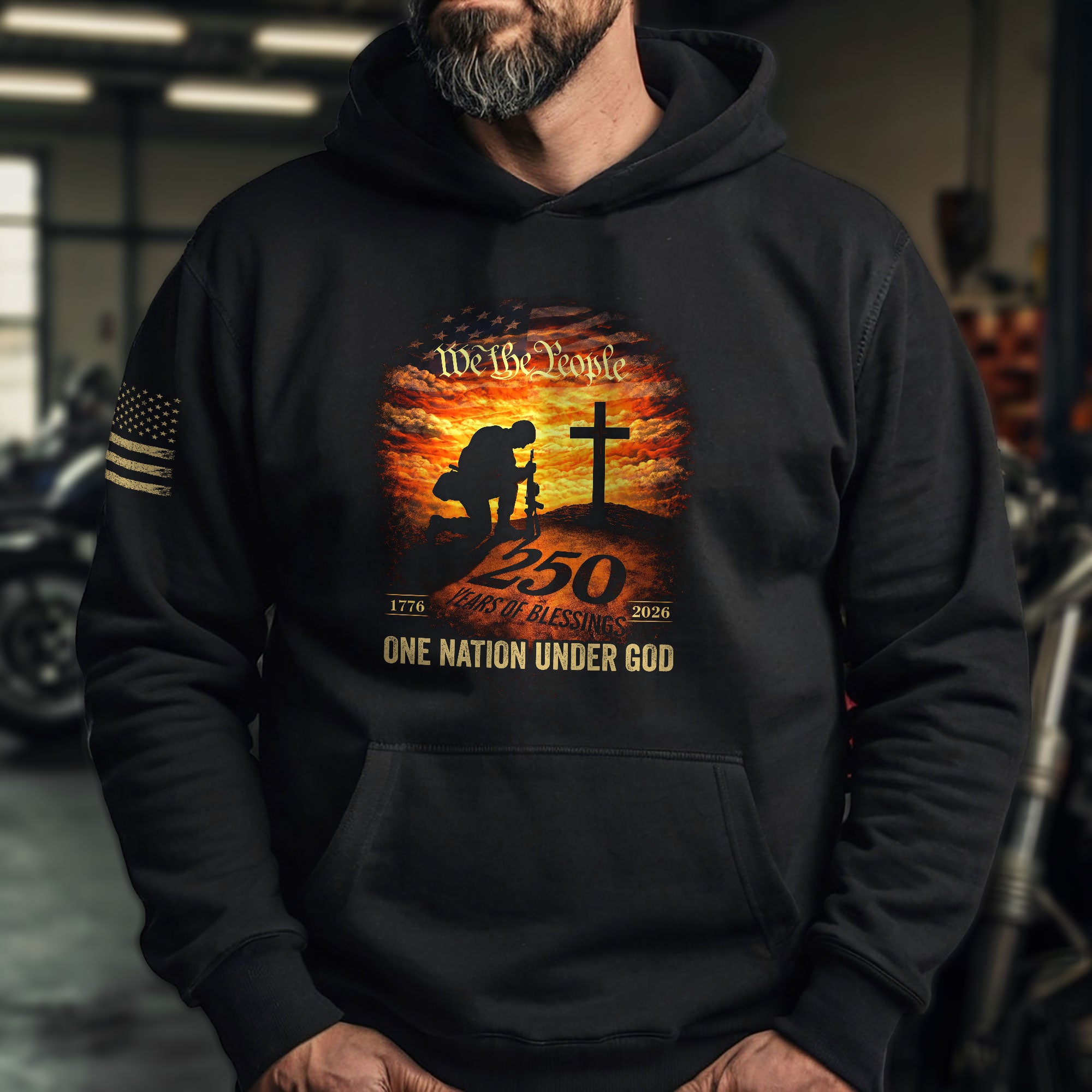 USA 250th Anniversary 1776-2026 Semiquincentennial Hoodie – One Nation Under God Kneeling Soldier Cross We The People Patriotic Apparel