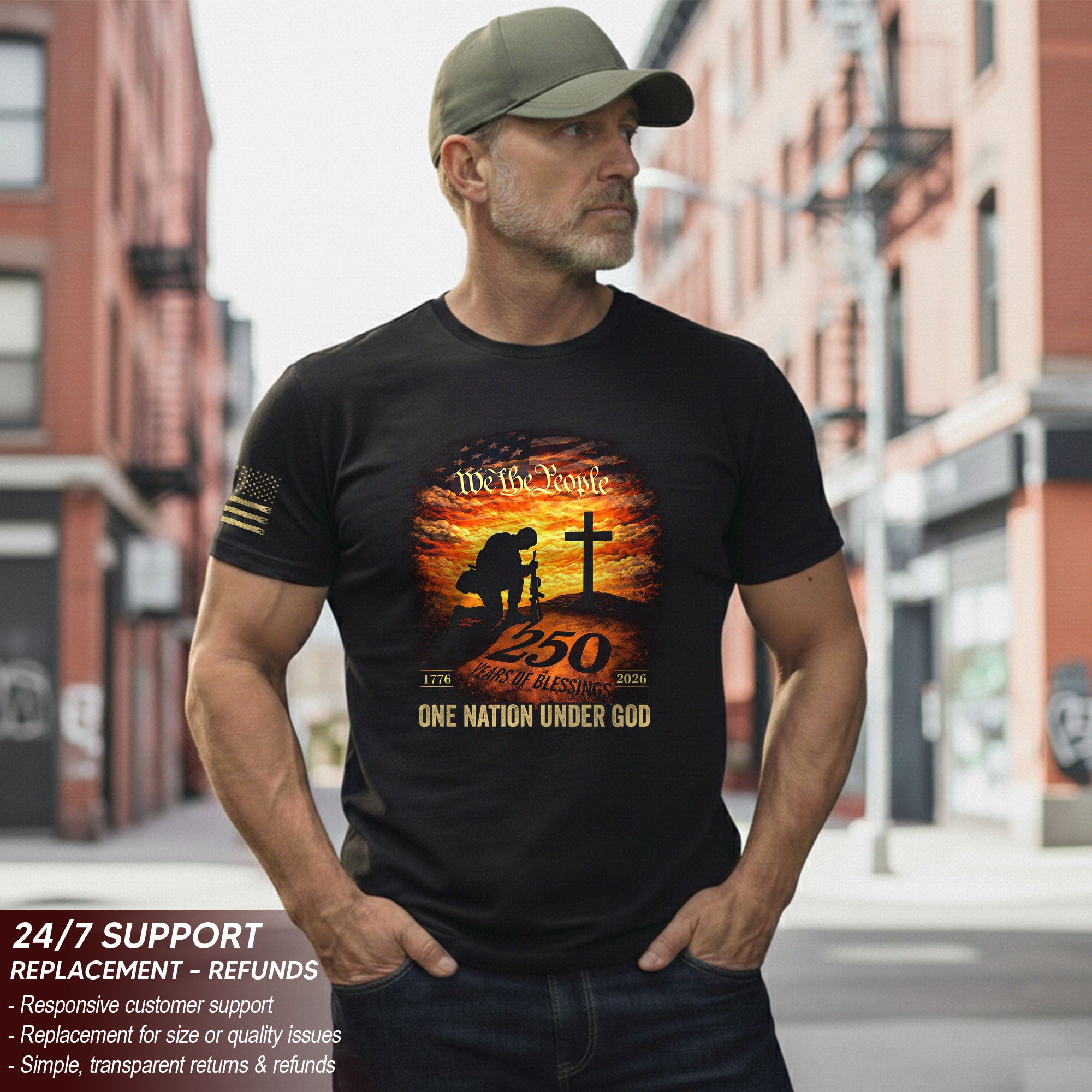 250 Years of Blessings T-Shirt - One Nation Under God Patriotic Soldier Prayer & US Flag Tee