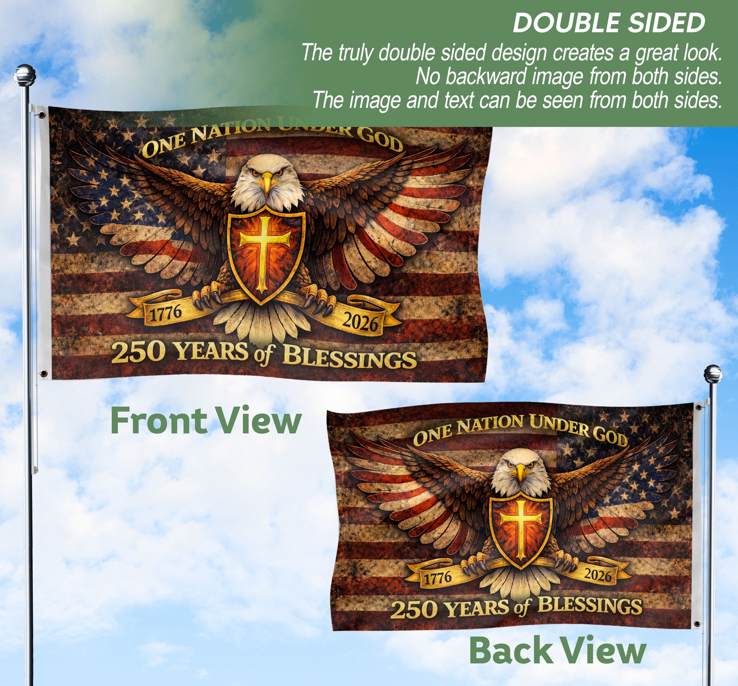 250 Years America Anniversary Eagle Flag - One Nation Under God 250 Years Banner, Double Sided 1776-2026 Flag