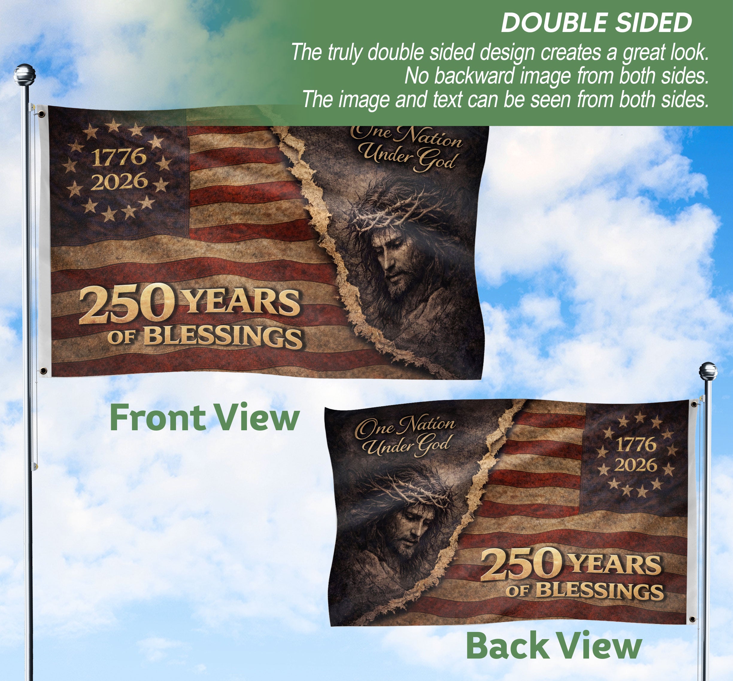 250 Years of Blessings American Flag - Christian Patriotic One Nation Under God Design, Double Sided Semiquincentennial Garden Flag