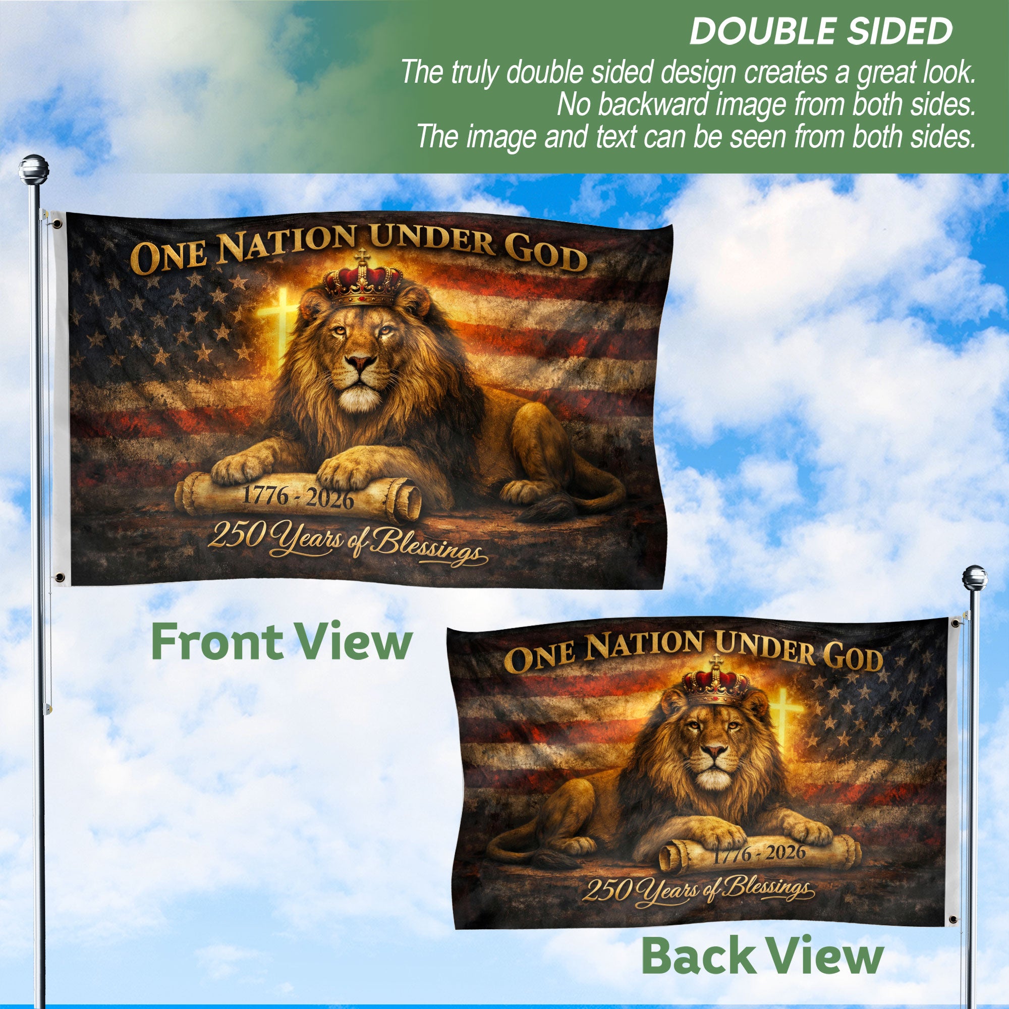 Lion of Judah American Heritage Flag - 250 Years of Blessings Patriotic Banner, One Nation Under God Double Sided 1776-2026 Flag