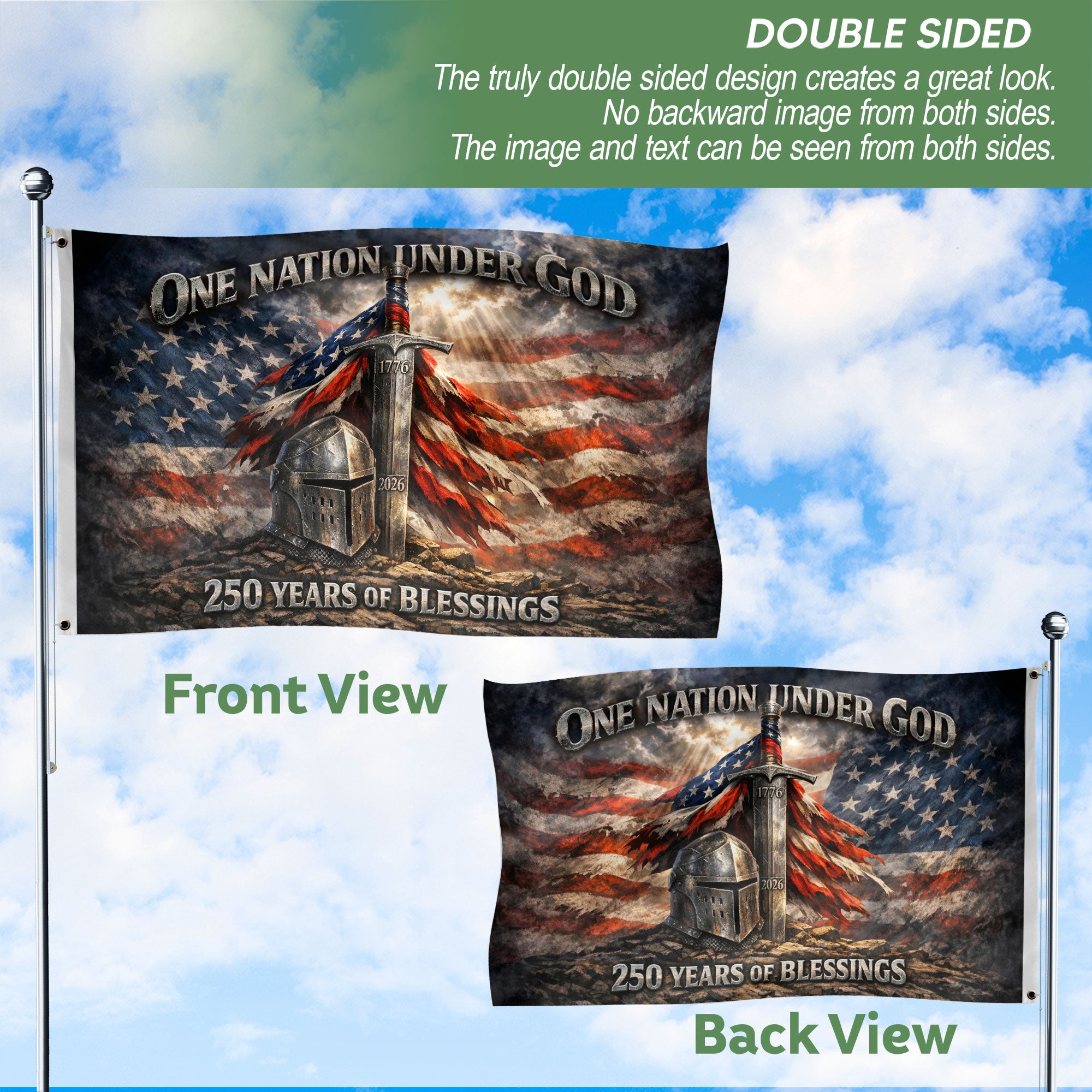 Christian Patriotic One Nation Under God USA 250th Birthday Flag - 250 Years of Blessings, Double Sided Flag