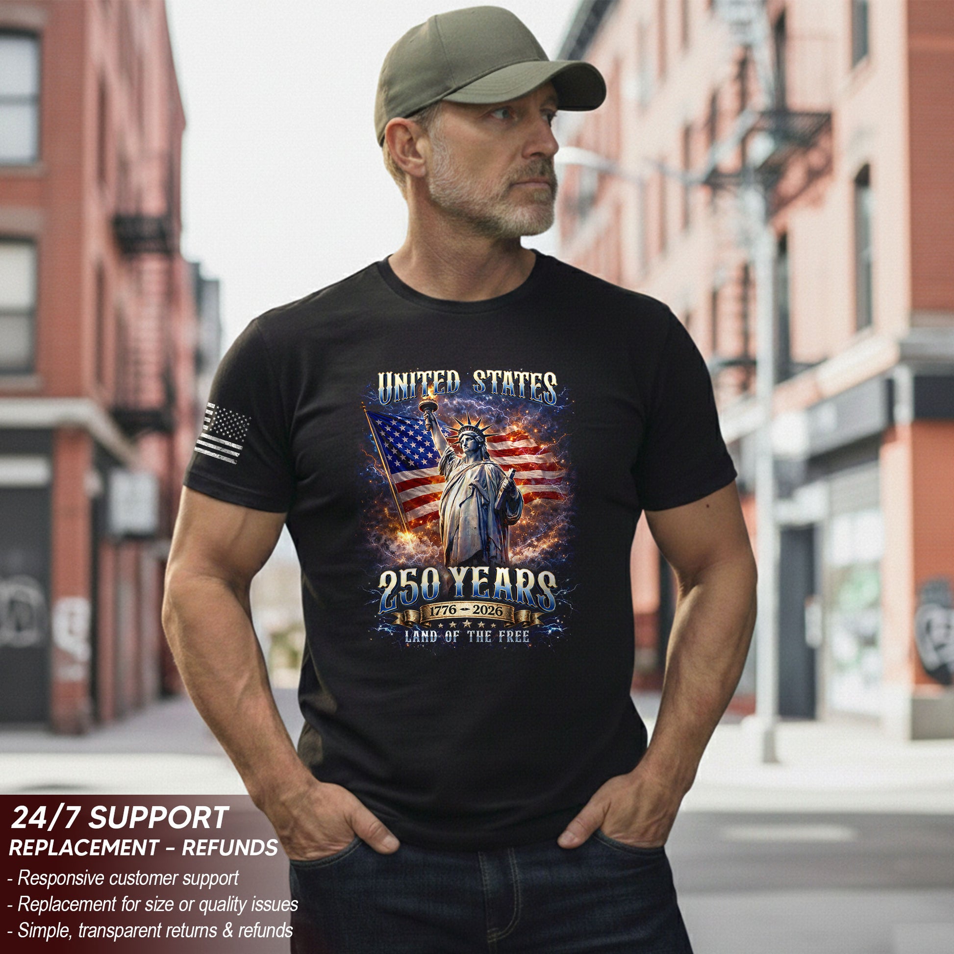 Statue of Liberty 250th Anniversary Bootleg Shirt - 1776-2026 USA 250 Years Tee, Retro Patriotic Lightning Graphic Apparel - Rust Field Wear