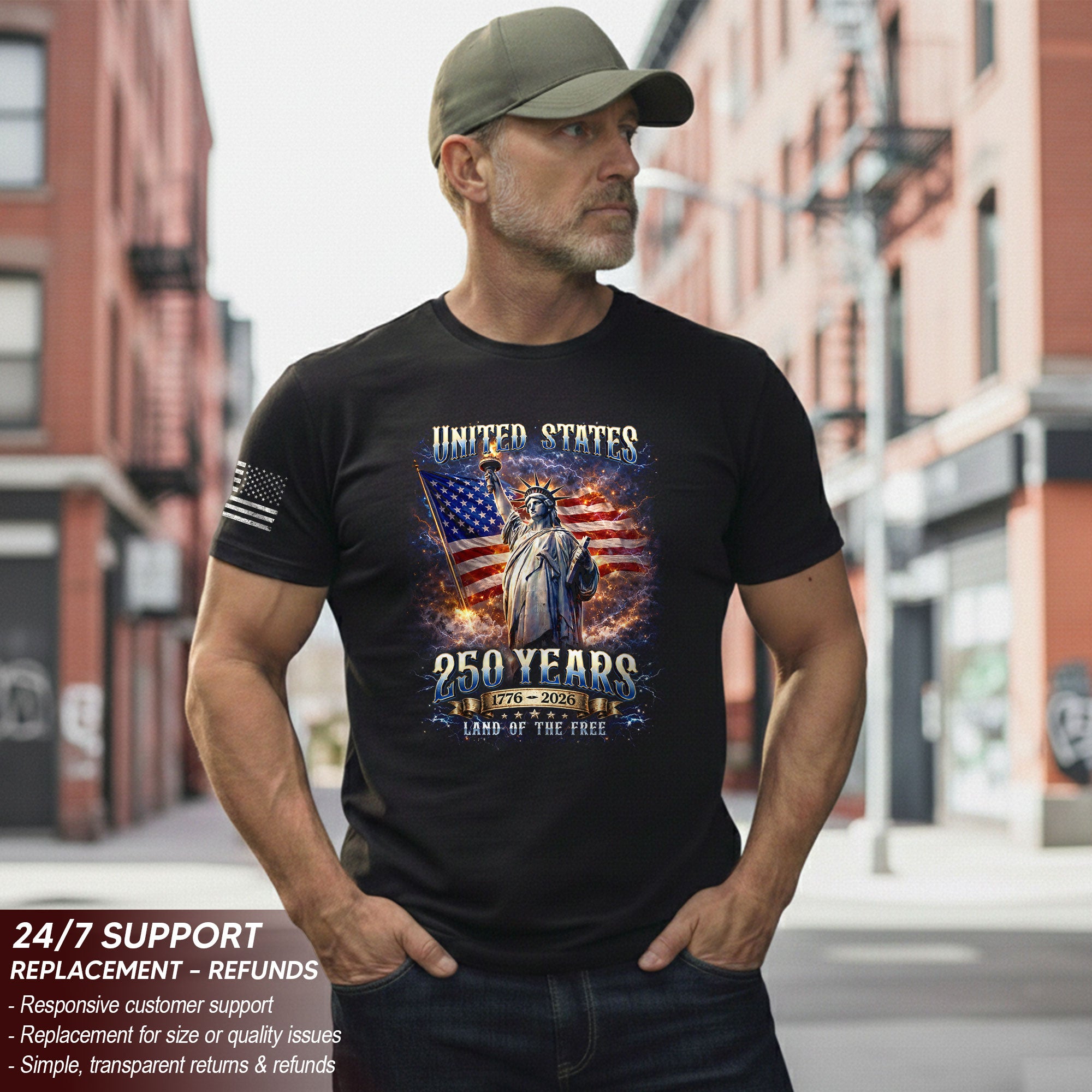 Statue of Liberty 250th Anniversary Bootleg Shirt - 1776-2026 USA 250 Years Tee, Retro Patriotic Lightning Graphic Apparel - Rust Field Wear