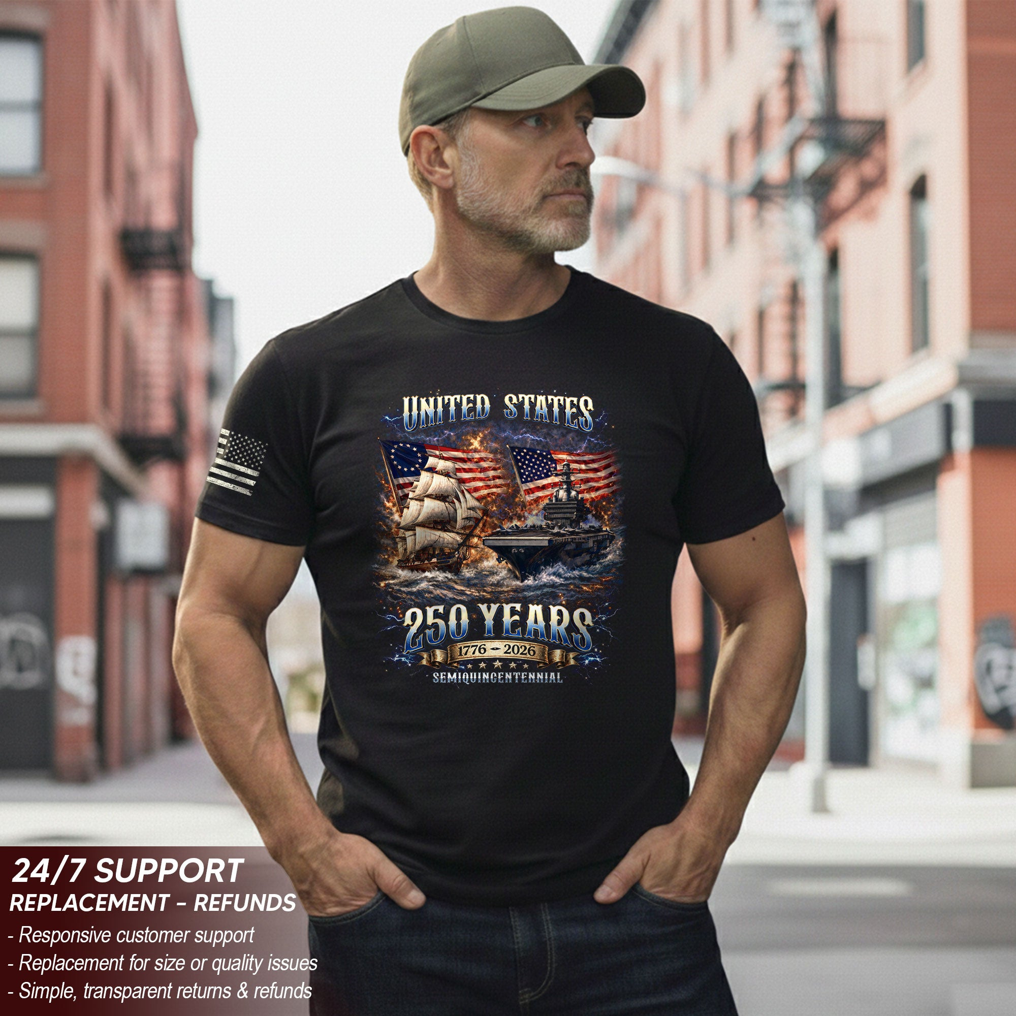 1776-2026 250th Anniversary Flag T-Shirt - 250 Years United States Navy Bootleg Tee, Semiquincentennial America Freedom Apparel