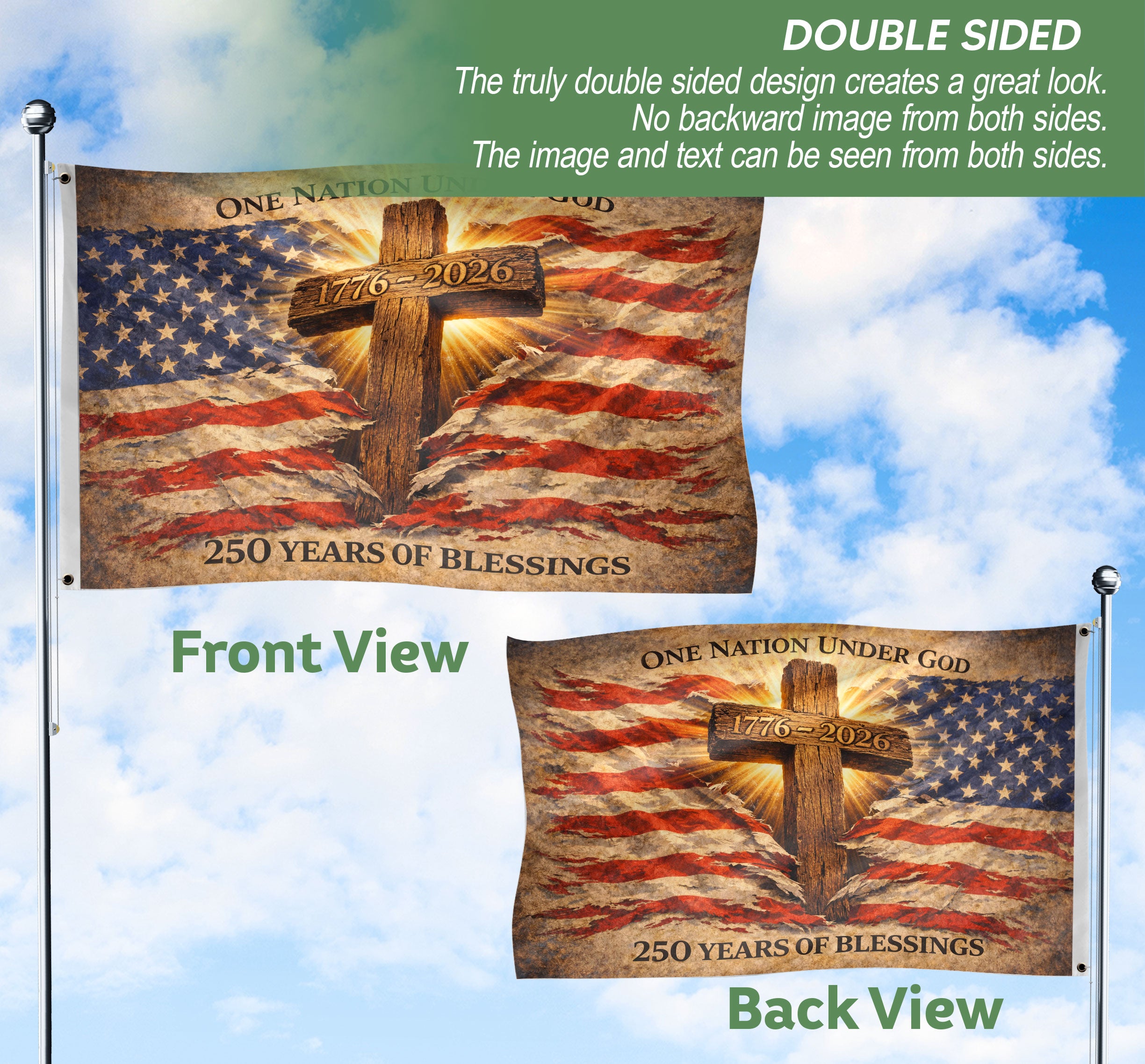 One Nation Under God 250th Anniversary Flag (1776–2026) – Cross and American Flag Christian Patriotic Banner