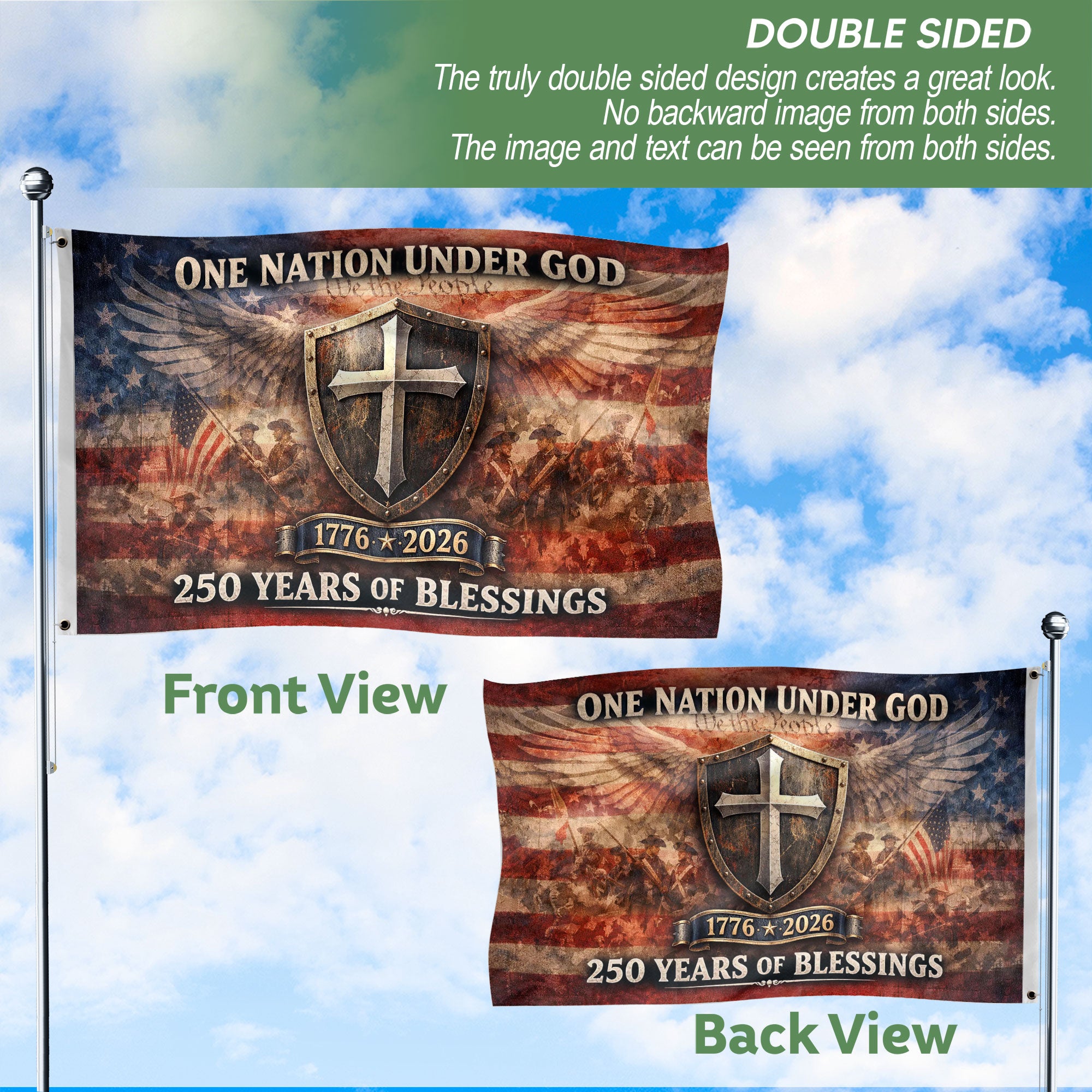 250 Years America Anniversary Flag, 1776-2026 Double Sided - Patriotic One Nation Under God House Banner