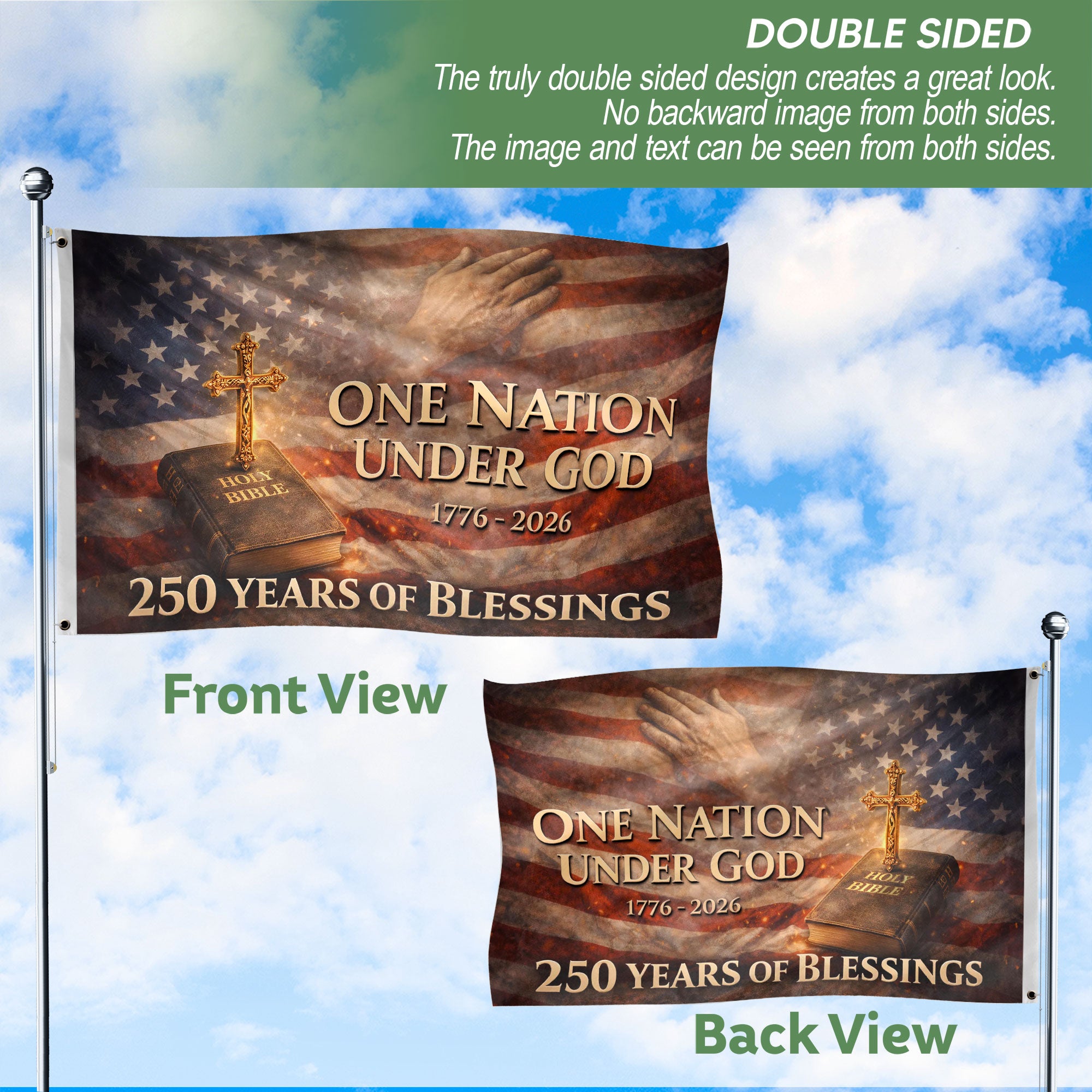 One Nation Under God 250th Anniversary 1776-2026 Patriotic Double Sided House Flag - 250 Years of Blessings Holy Bible & Cross Banner