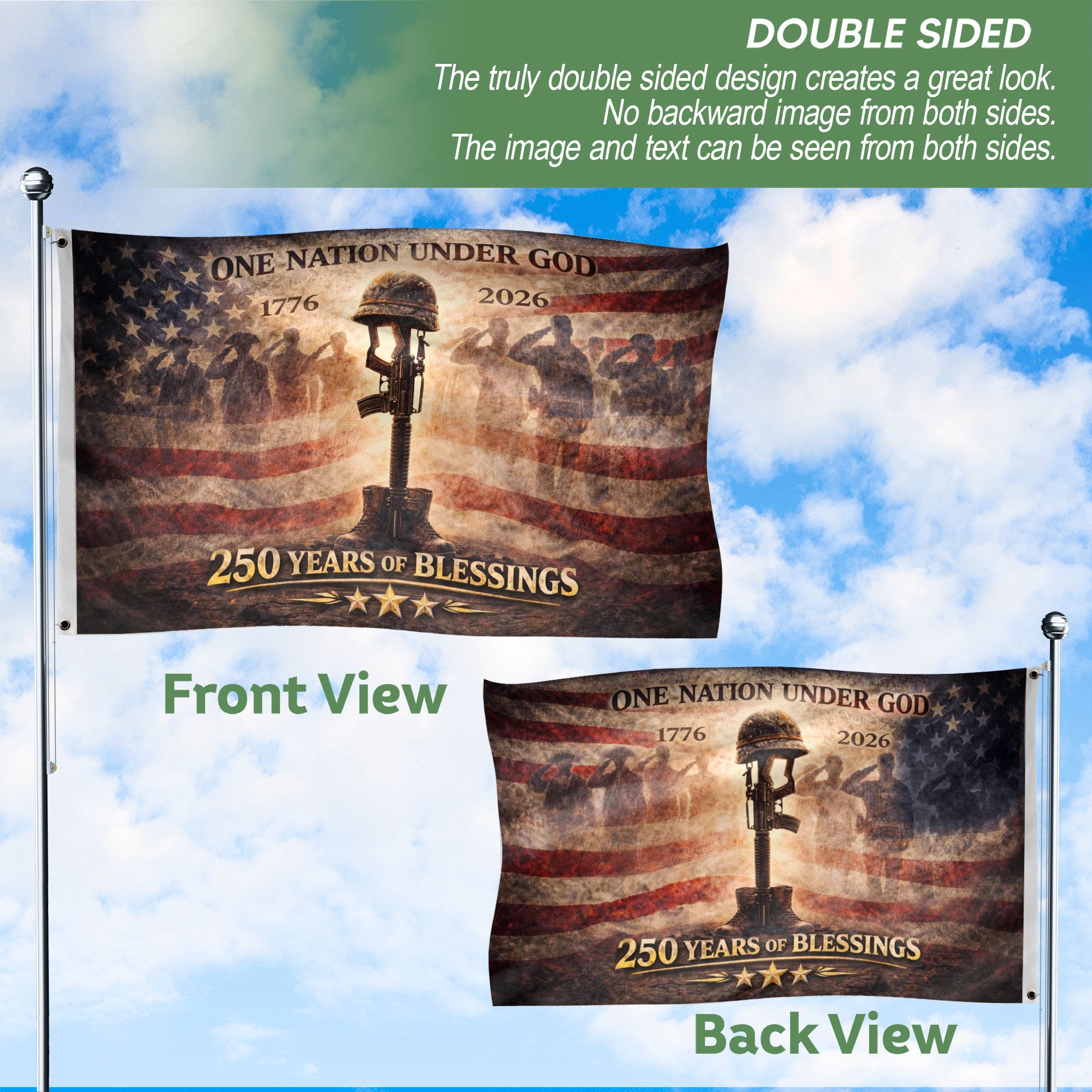 250 Years America Anniversary Military Flag, Double Sided House Banner - Fallen Soldier Battle Cross 1776-2026