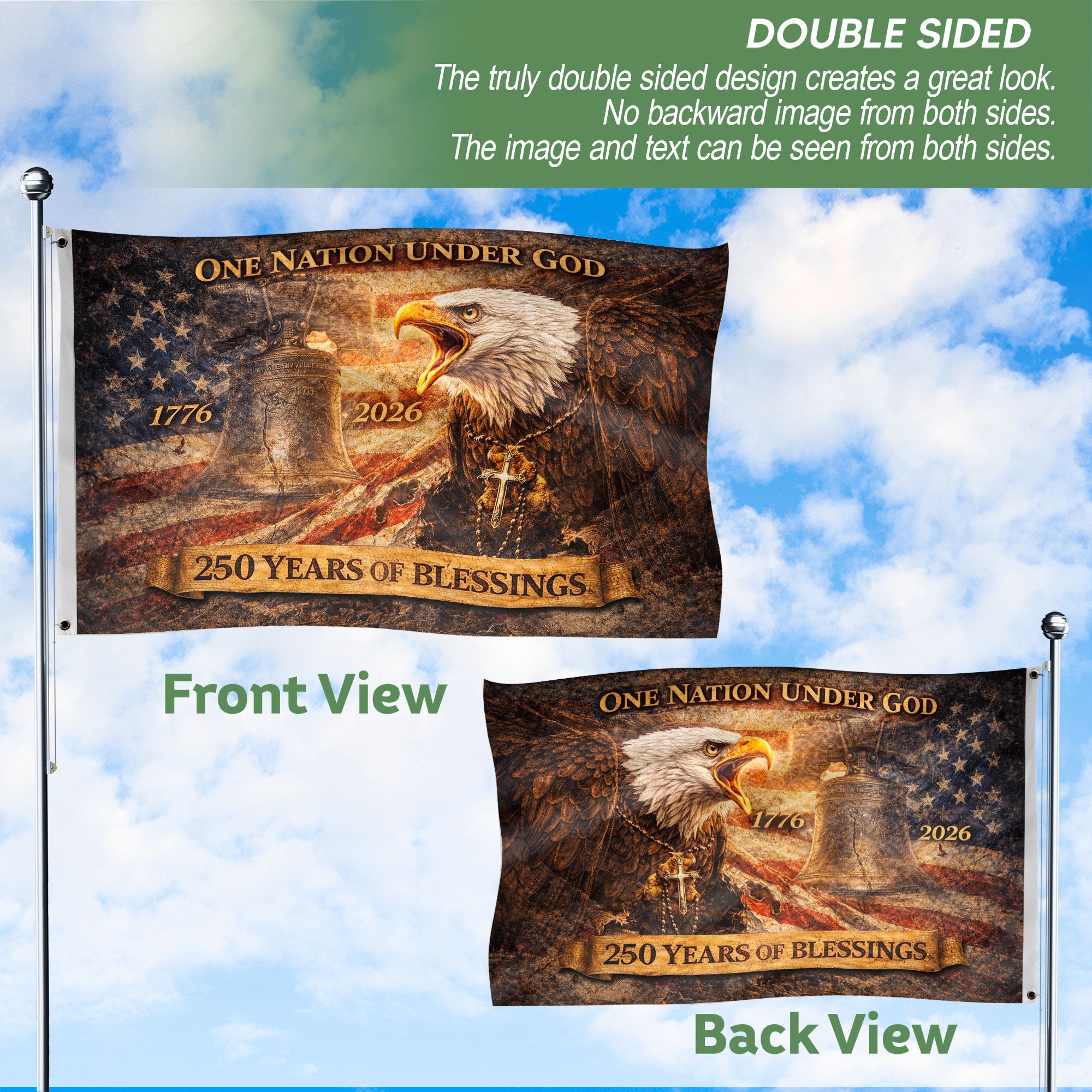 250 Years of Blessings USA Flag, Patriotic Eagle & Liberty Bell - 1776-2026 Double-Sided Banner
