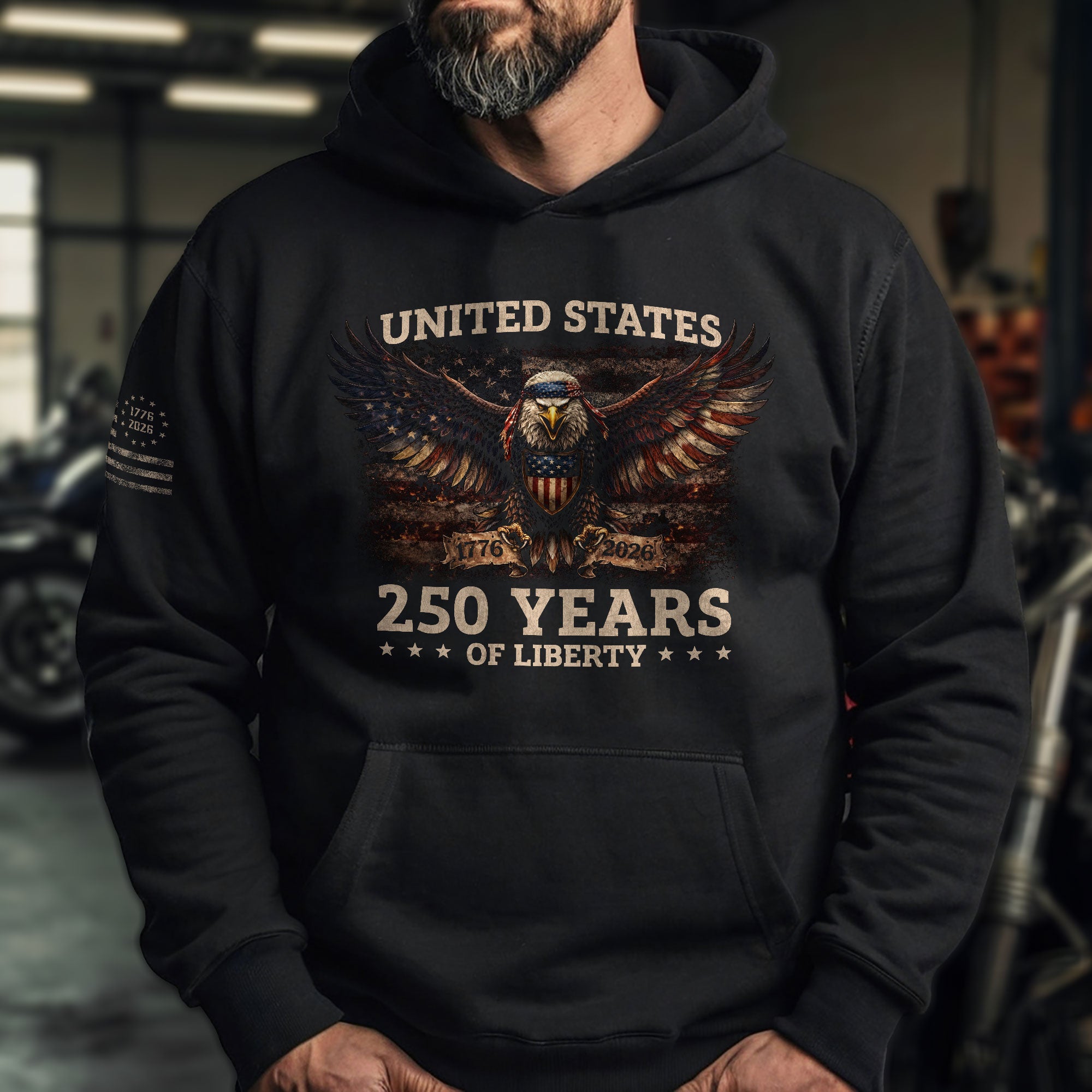 USA 250 Years of Liberty 250th Anniversary Hoodie - Semiquincentennial 1776-2026 Patriotic Flag & Eagle Mens Apparel