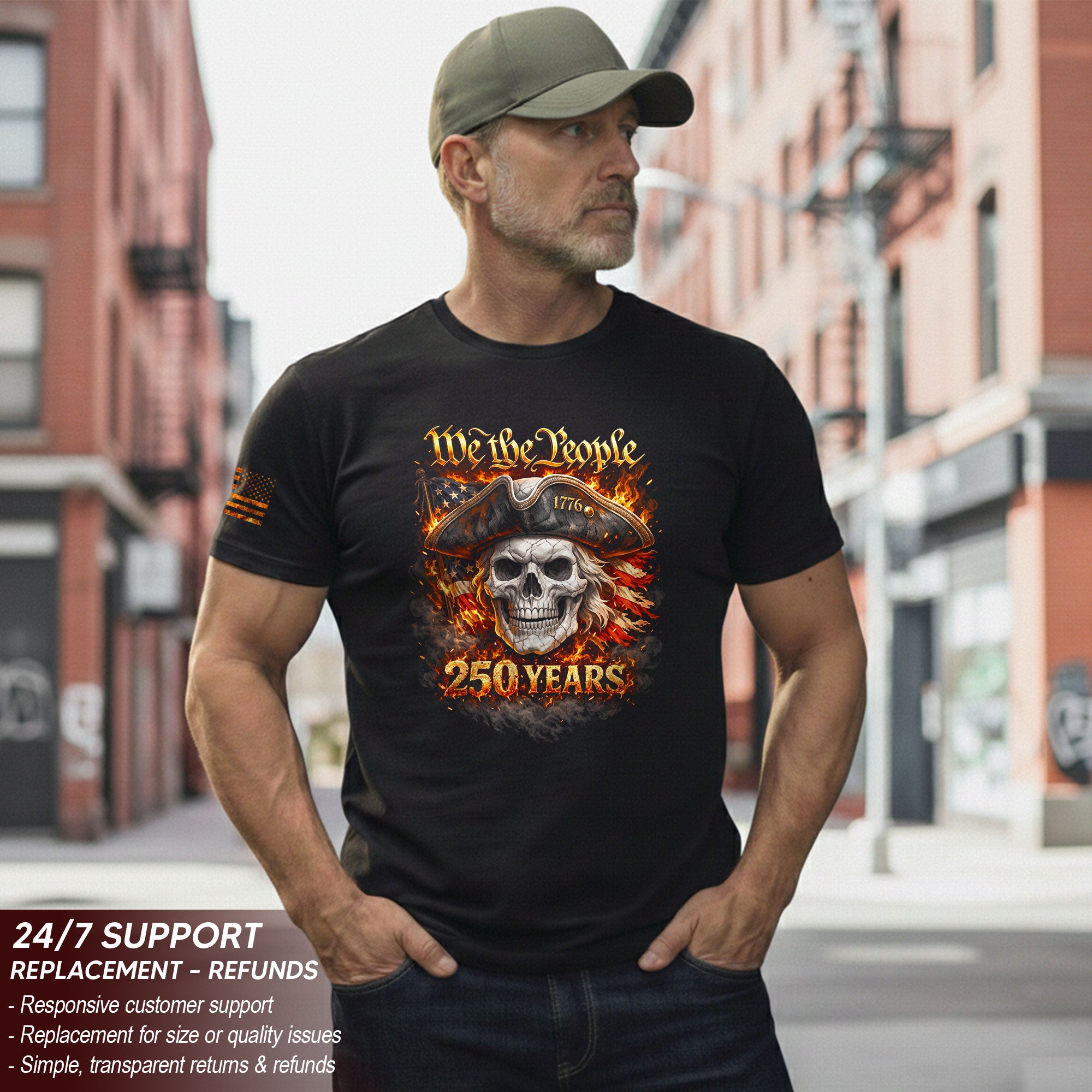 America 250 Years Patriotic Skull T-Shirt - Semiquincentennial 1776-2026 "We The People" Flaming Flag Tee