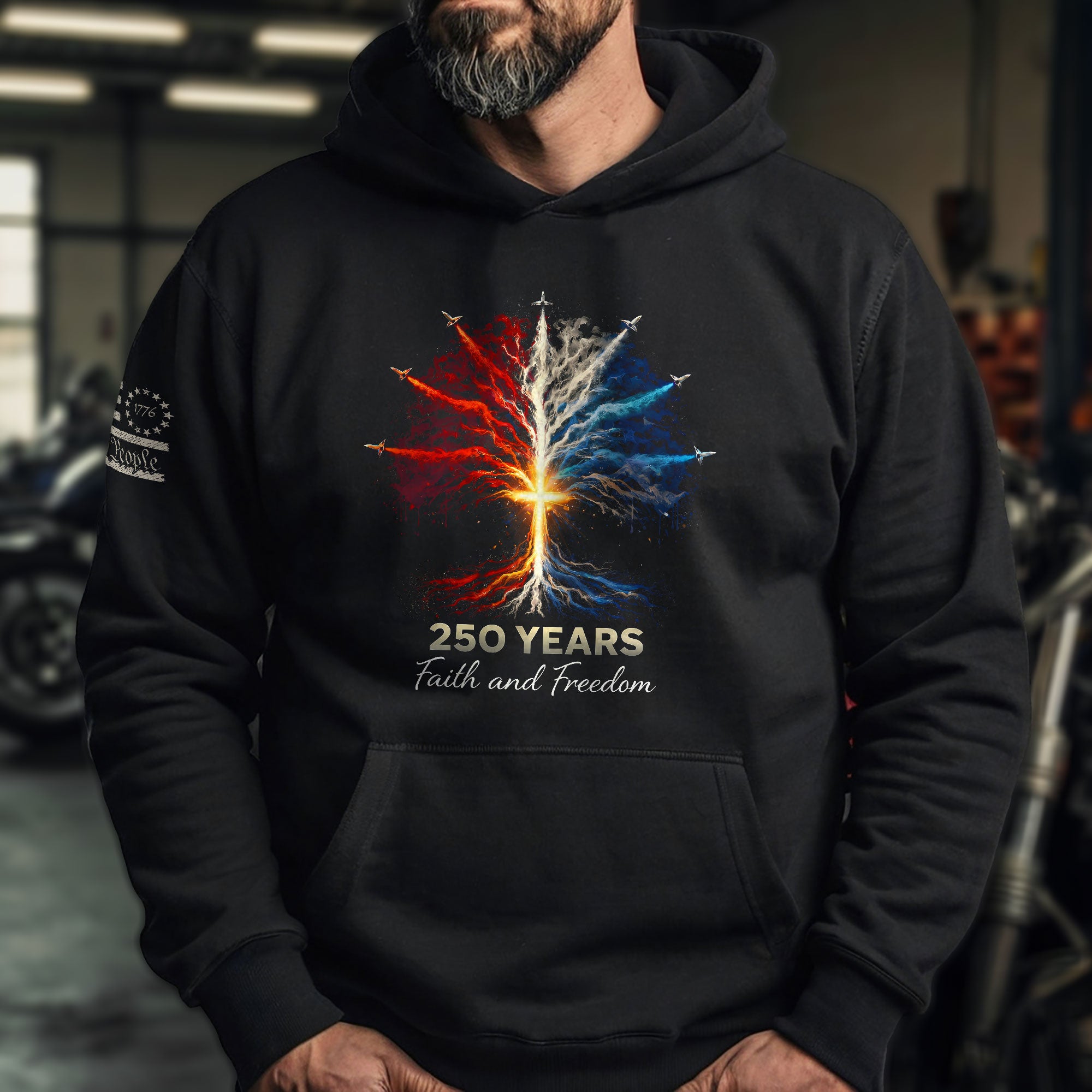 USA 250th Anniversary Hoodie 1776-2026 – Tree of Life Jet Fighter Faith & Freedom Patriotic Men’s Hoodie