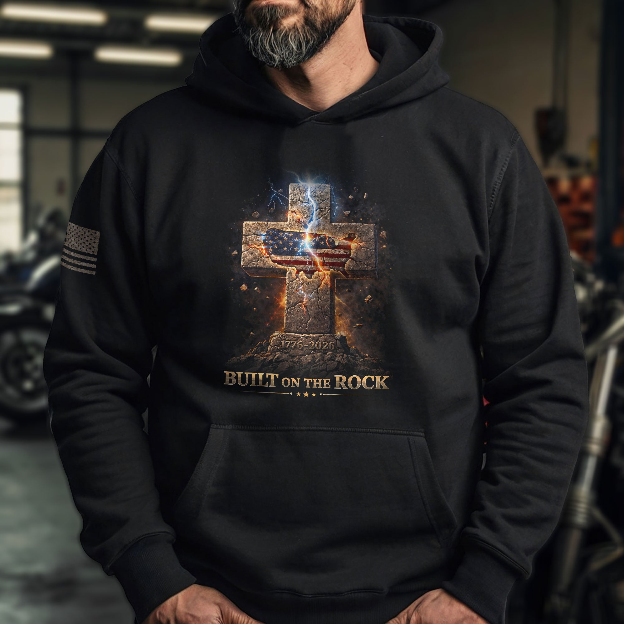 America 250th Anniversary Hoodie 1776-2026 – Built on the Rock 250 Years of Faith Christian Cross Patriotic Hoodie