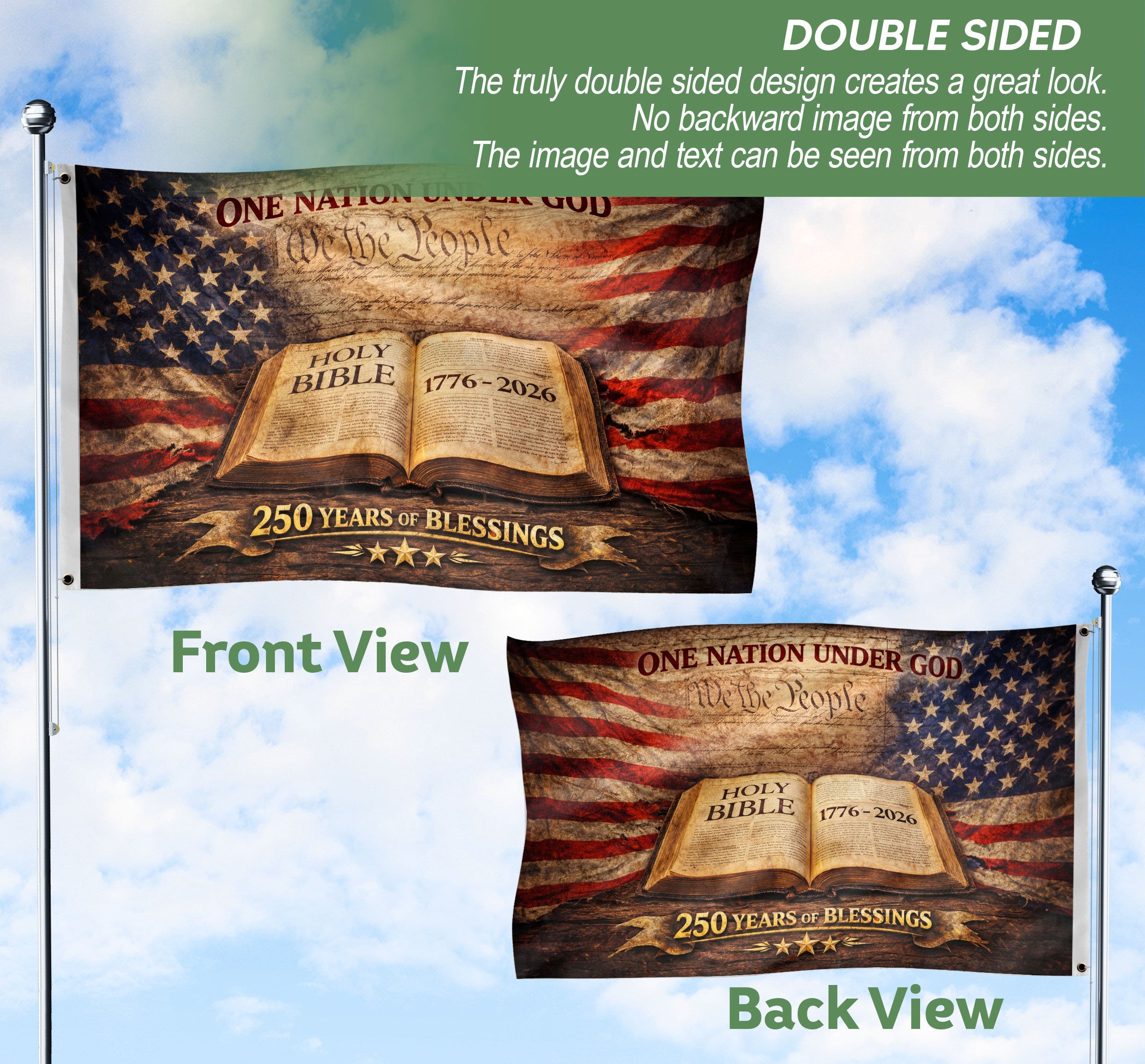 One Nation Under God 250th Anniversary Flag (1776–2026) – Holy Bible and We the People Patriotic Christian Banner