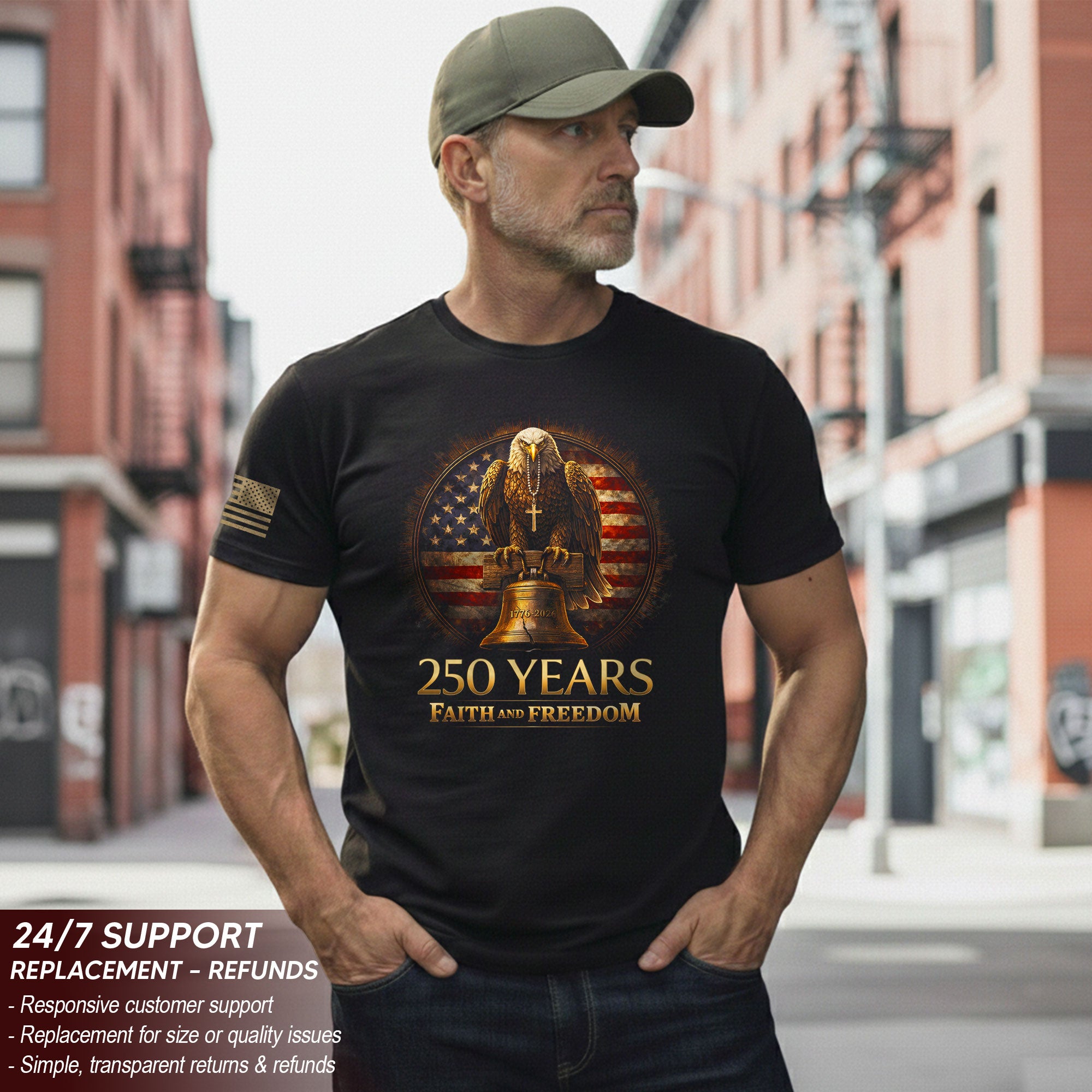 USA Semiquincentennial 250 Years Faith and Freedom 1776–2026 Eagle Liberty Bell Patriotic Christian T-Shirt