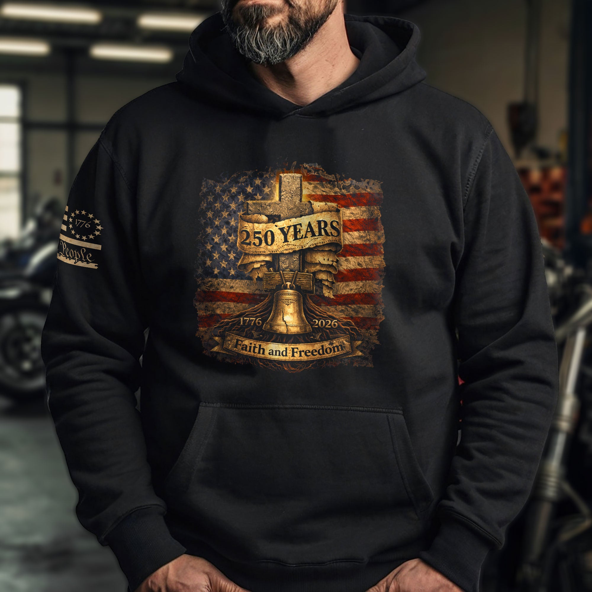 USA 250th Anniversary 1776-2026 Semiquincentennial Hoodie – Christian Faith and Freedom Cross & Liberty Bell America 250 Hoodie