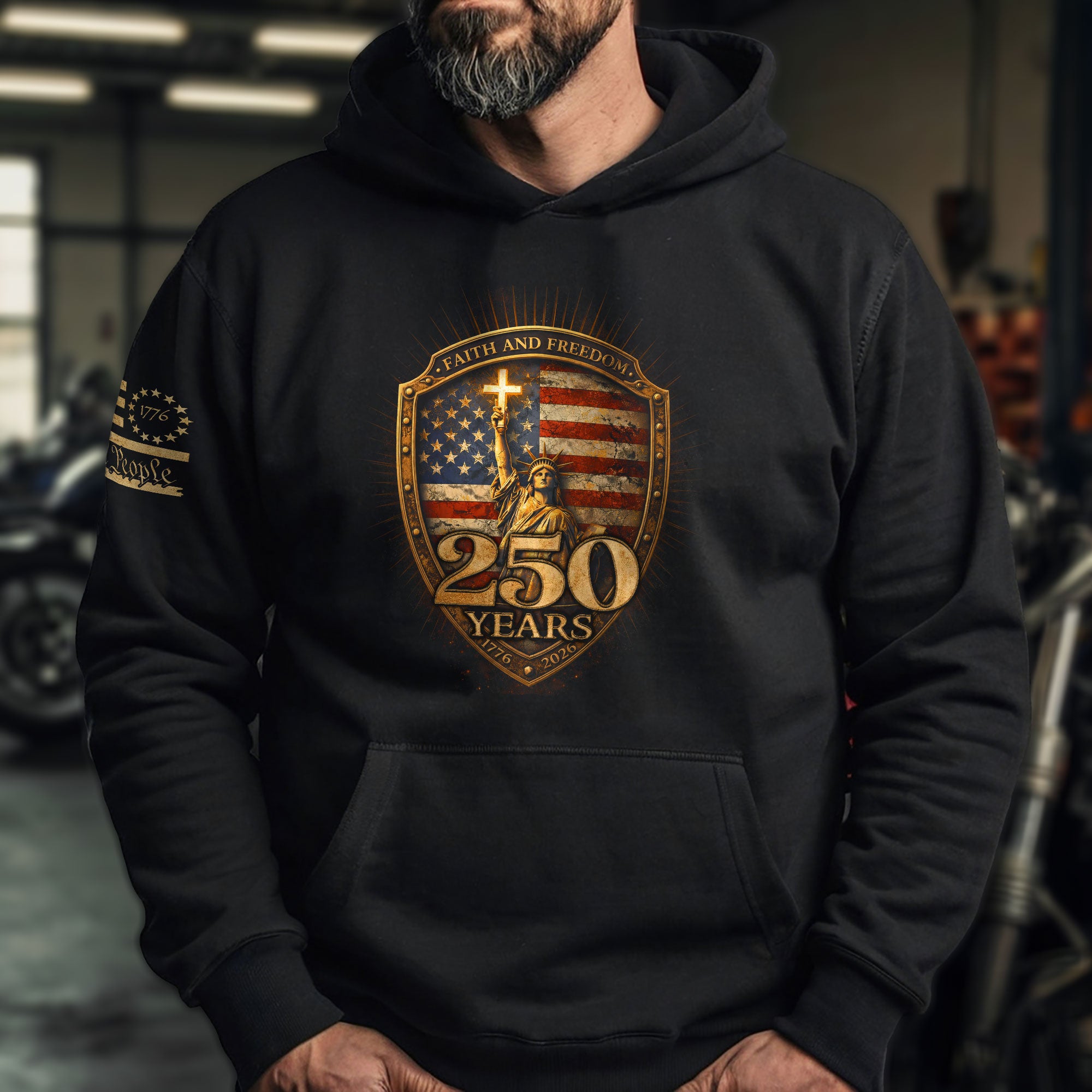 USA 250th Anniversary 1776-2026 Semiquincentennial Hoodie – Christian Faith and Freedom Statue of Liberty 250 Years Patriotic Hoodie