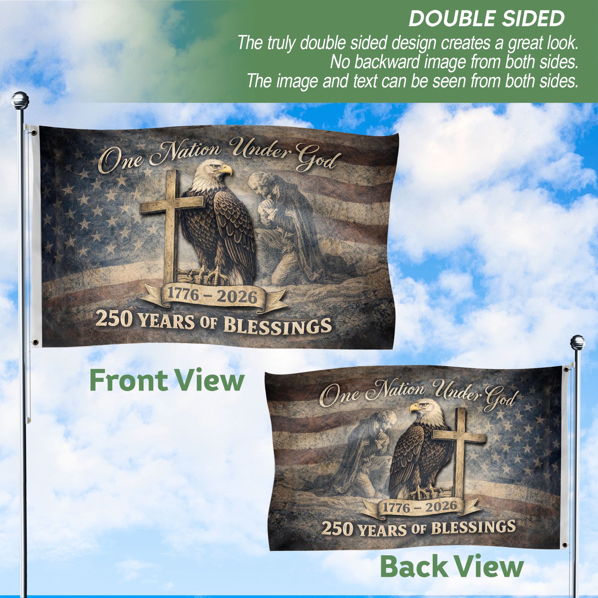 250th Anniversary Cross & Eagle, One Nation Under God 250 Years of Blessings USA Flag - Double Sided Premium House Flag