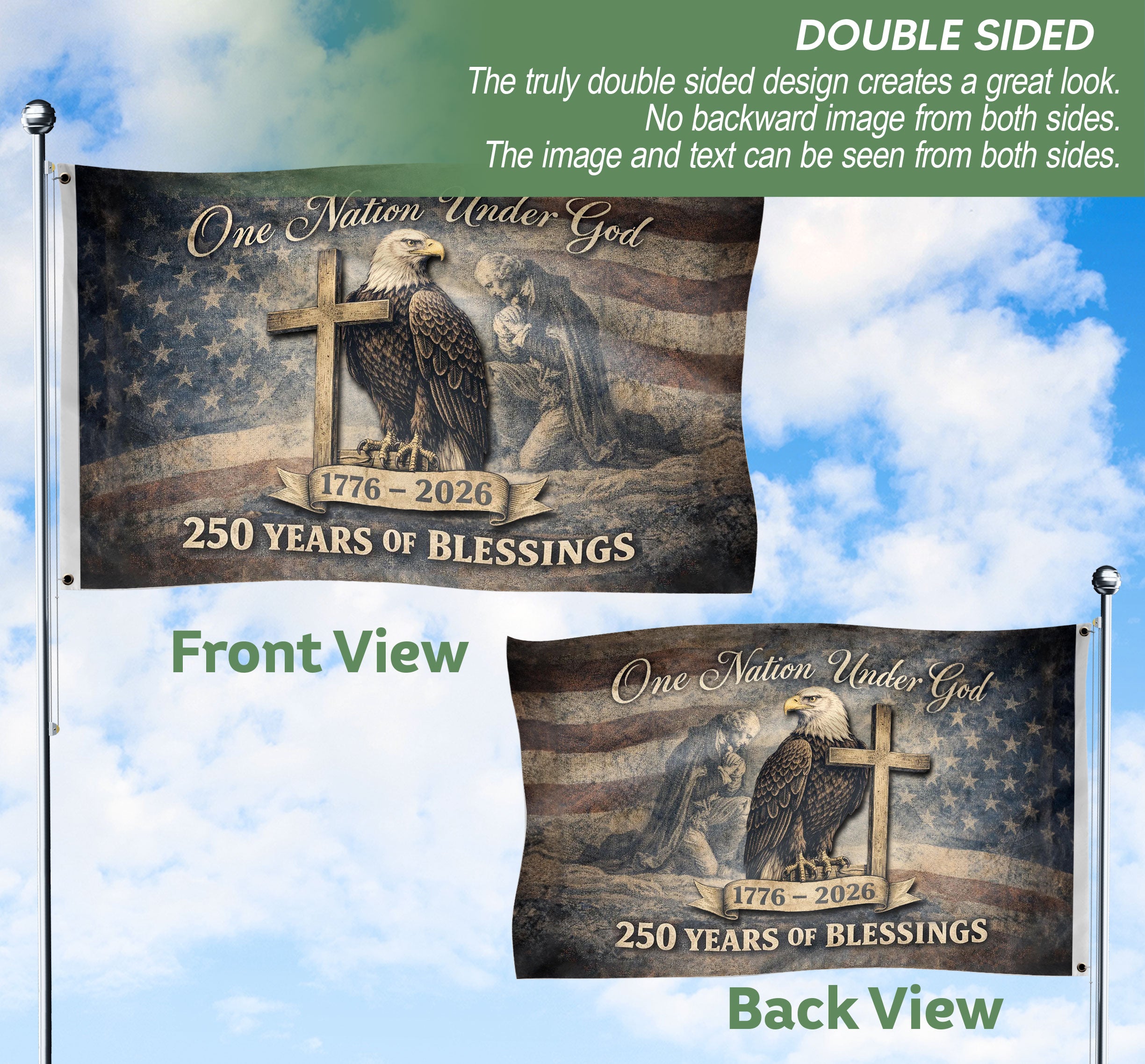 250th Anniversary Cross & Eagle, One Nation Under God 250 Years of Blessings USA Flag - Double Sided Premium House Flag