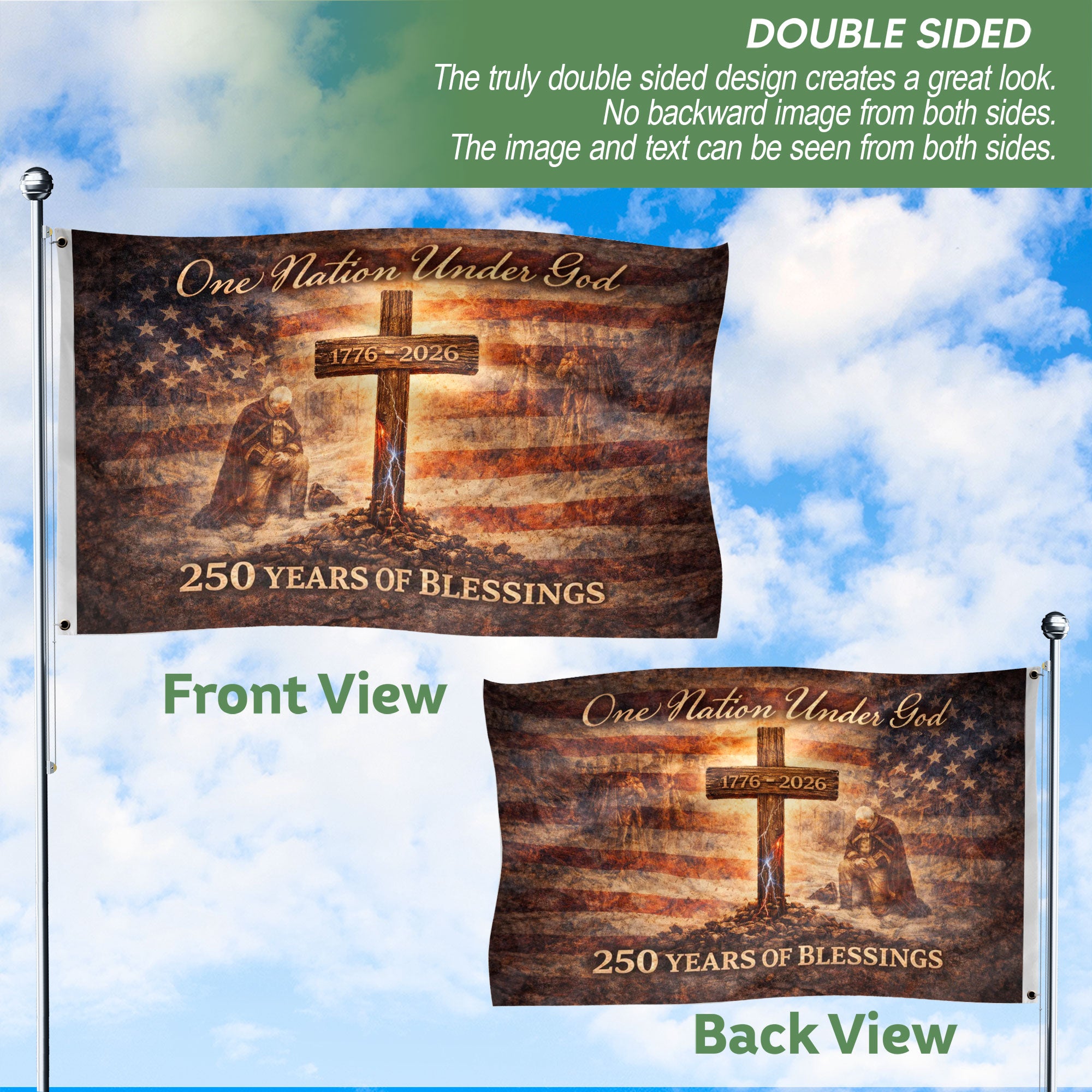 250 Years America Anniversary Flag, One Nation Under God 250 Years of Blessings Decor - Double Sided Faith & Patriotic House Banner