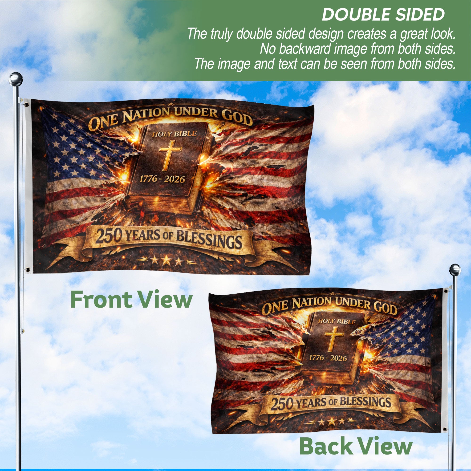 1776–2026 Christian Patriotic House Flag, One Nation Under God, USA 250th Anniversary 3x5ft