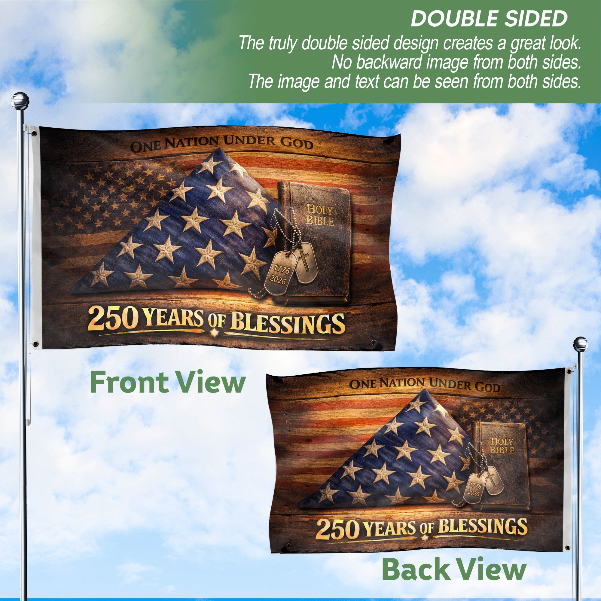 Christian 250 Years America Anniversary Flag, Holy Bible & One Nation Under God 1776-2026 - Double Sided Faith House Banner