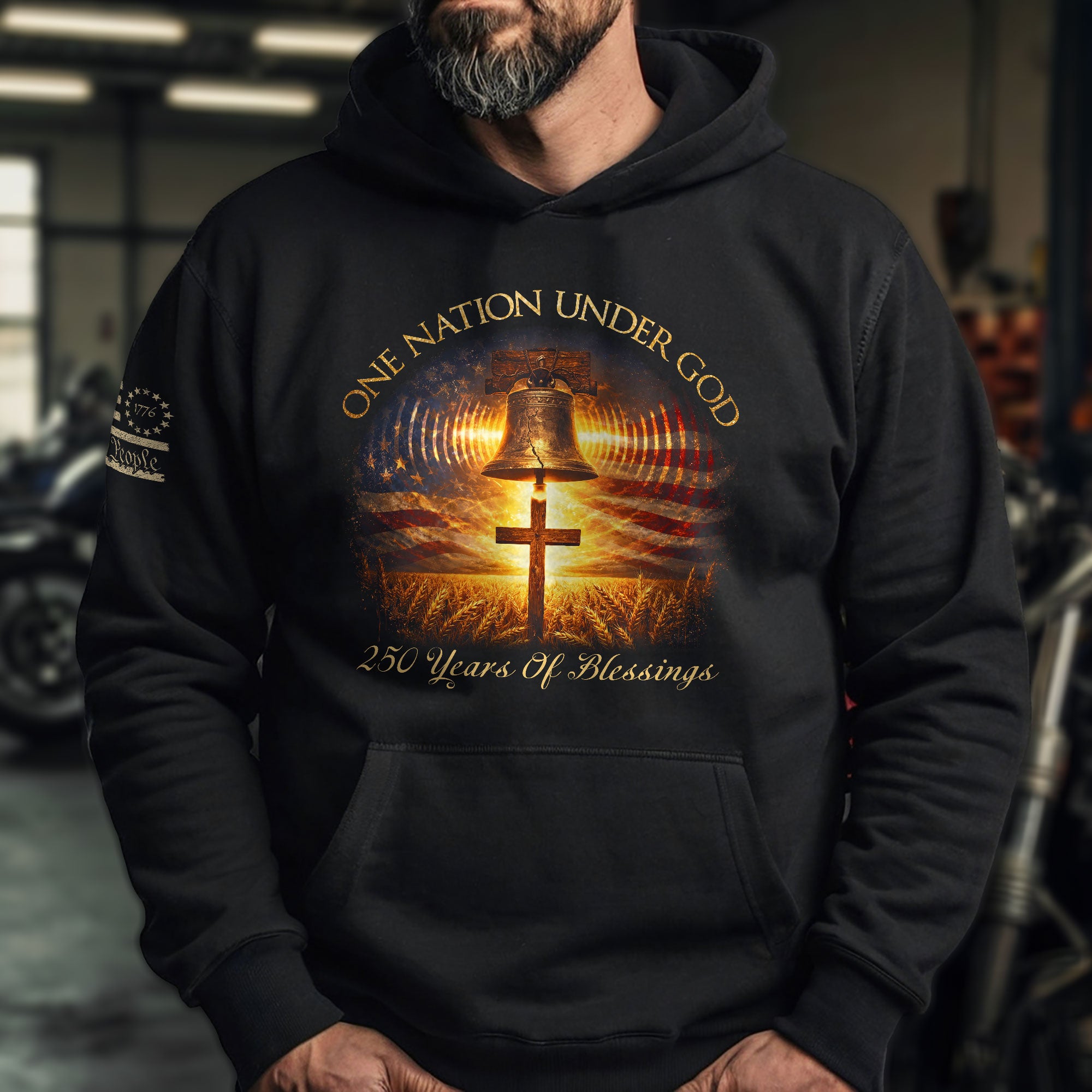 America 250th Anniversary Hoodie 1776-2026 – Liberty Bell & Cross One Nation Under God Patriotic Men’s Hoodie
