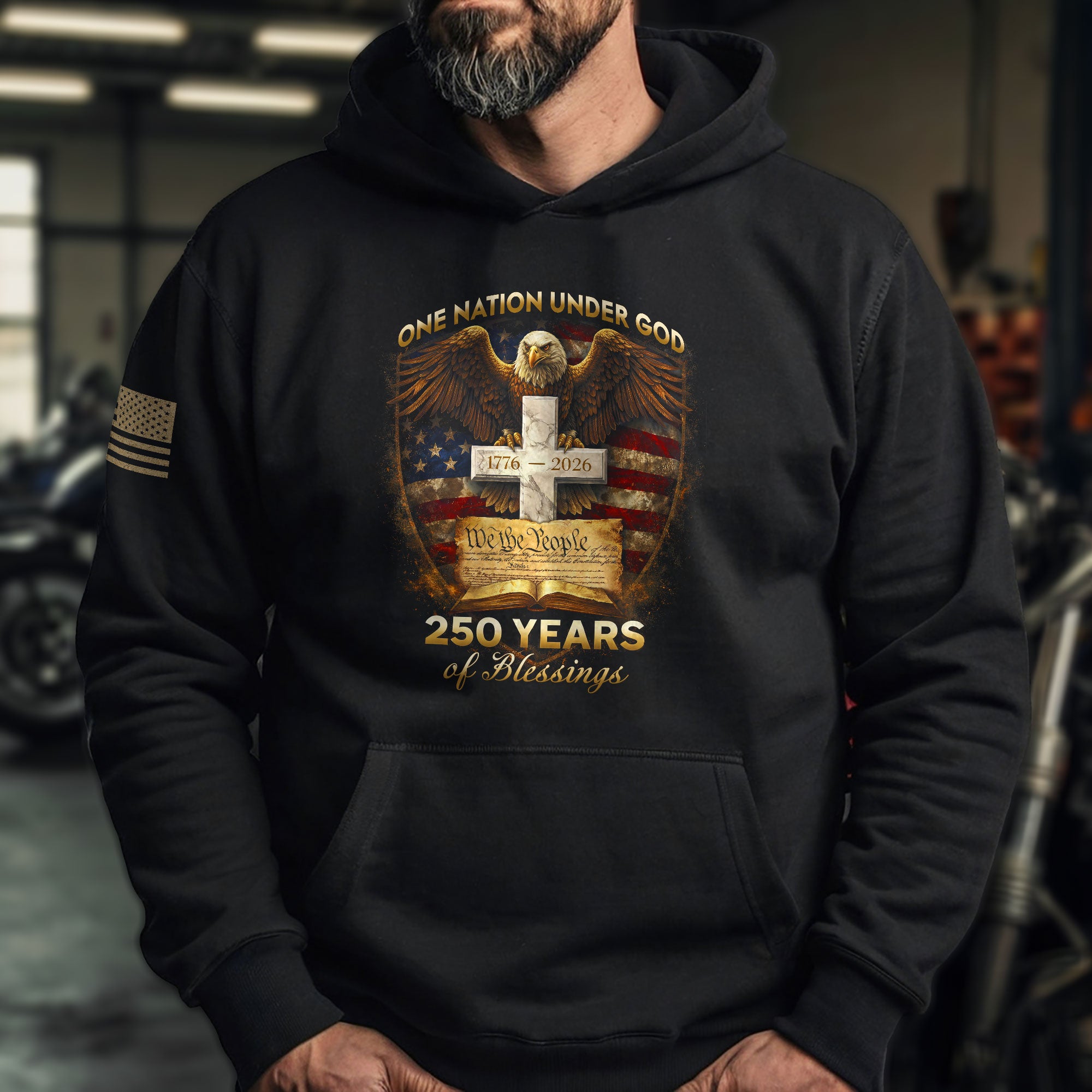 USA 250th Anniversary Hoodie 1776-2026 – Patriotic Flag Eagle & Cross One Nation Under God America Birthday Hoodie
