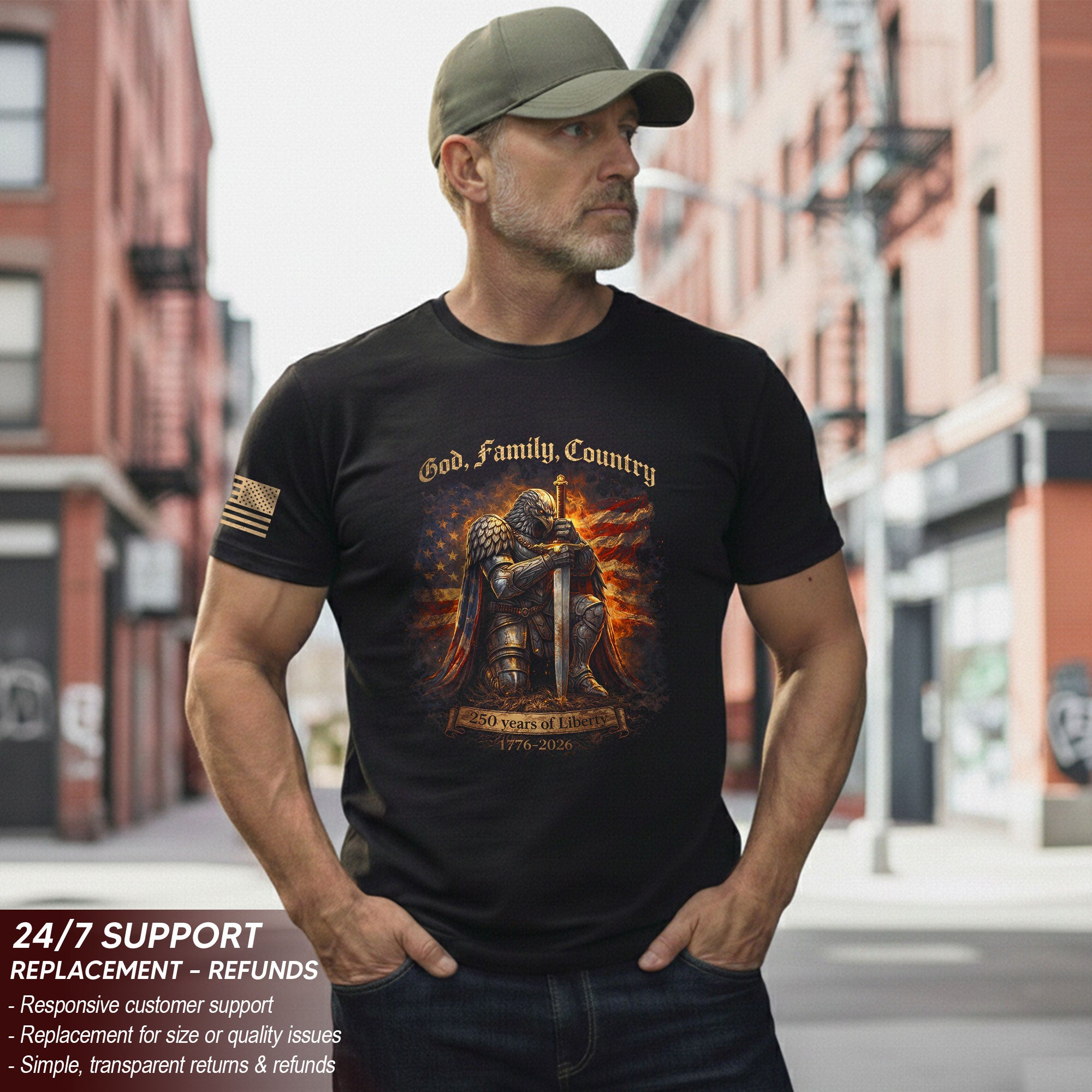 USA 250th Anniversary T-Shirt 1776-2026 – God Family Country Eagle Knight Warrior Patriotic Tee