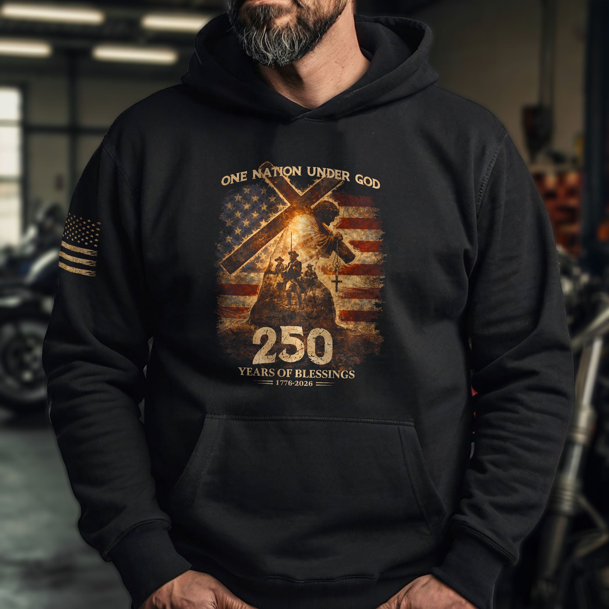 USA 250th Anniversary 1776-2026 Semiquincentennial Hoodie – One Nation Under God Jesus Carrying Cross American Flag Christian Hoodie
