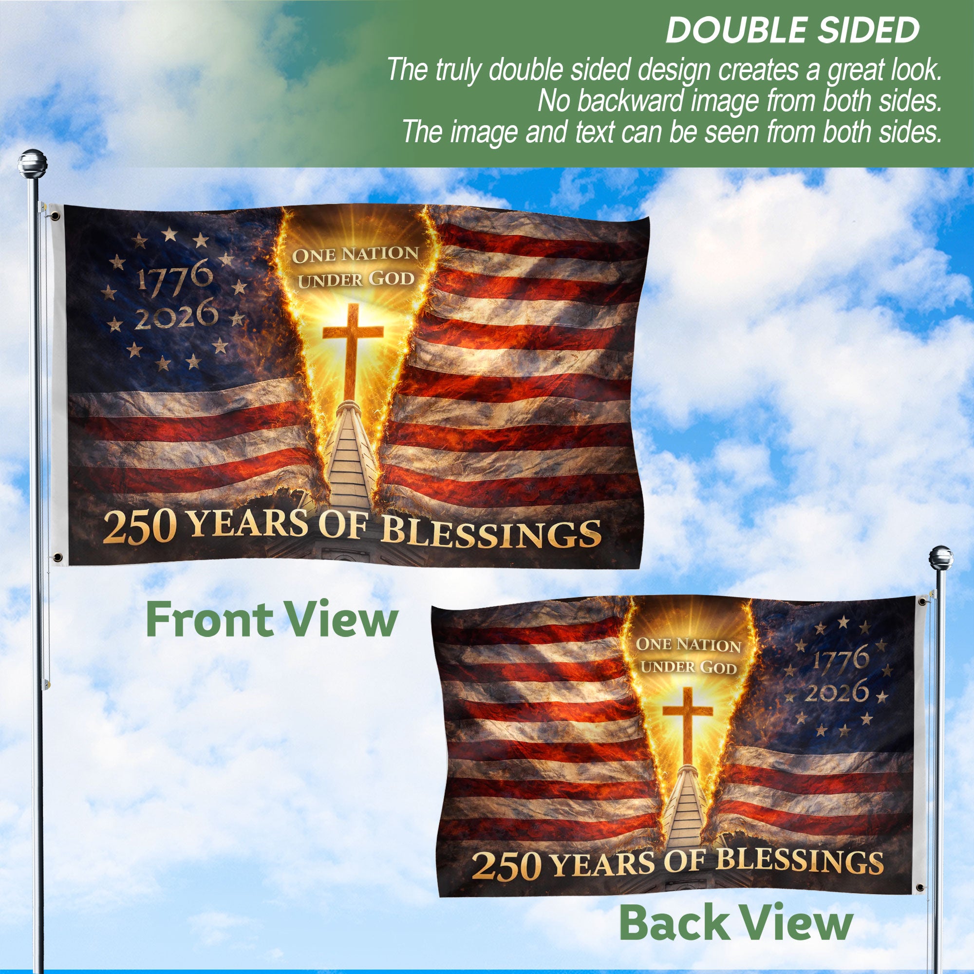 Flag 250 Years of Blessings 1776-2026 - One Nation Under God 250th Anniversary USA Christian Flag, Double Sided Premium House Flag