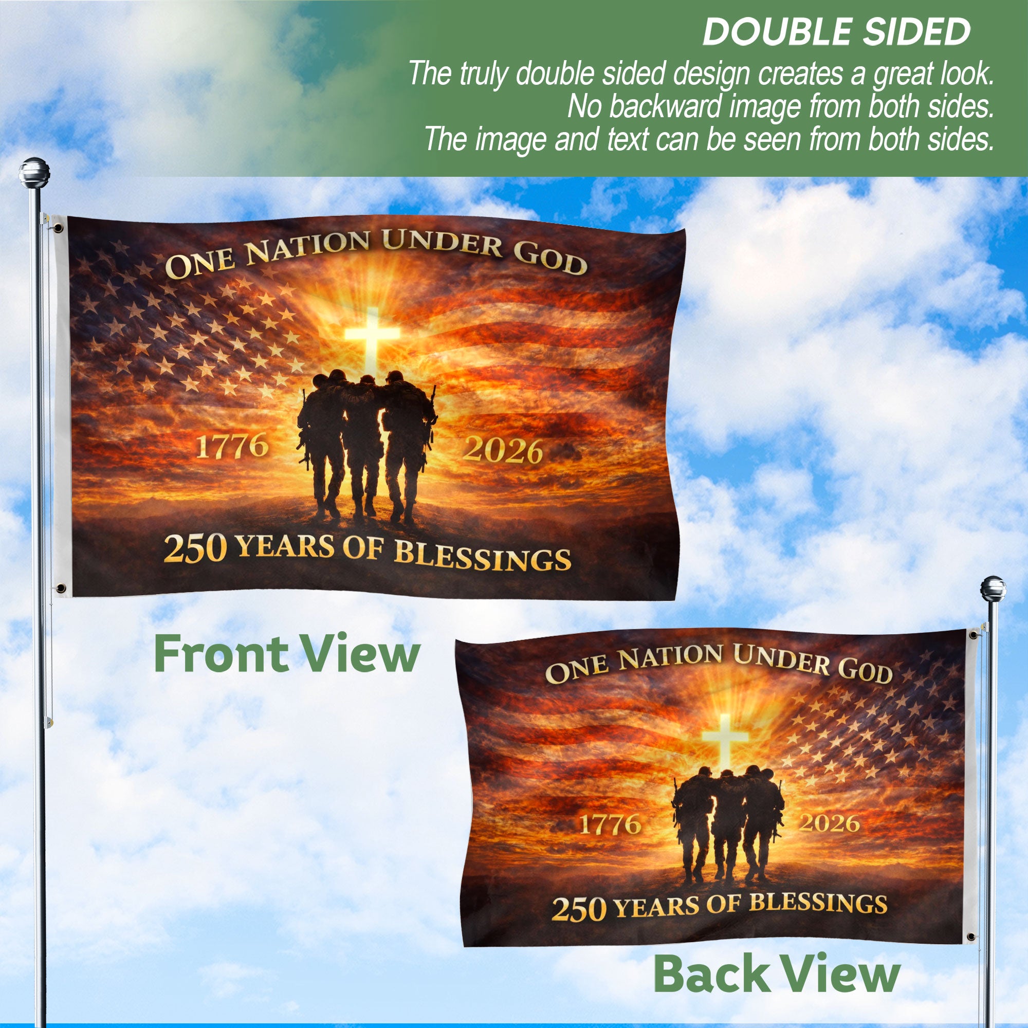 USA 250th Anniversary 1776-2026 Semiquincentennial Flag – One Nation Under God Patriotic Double Sided House Banner