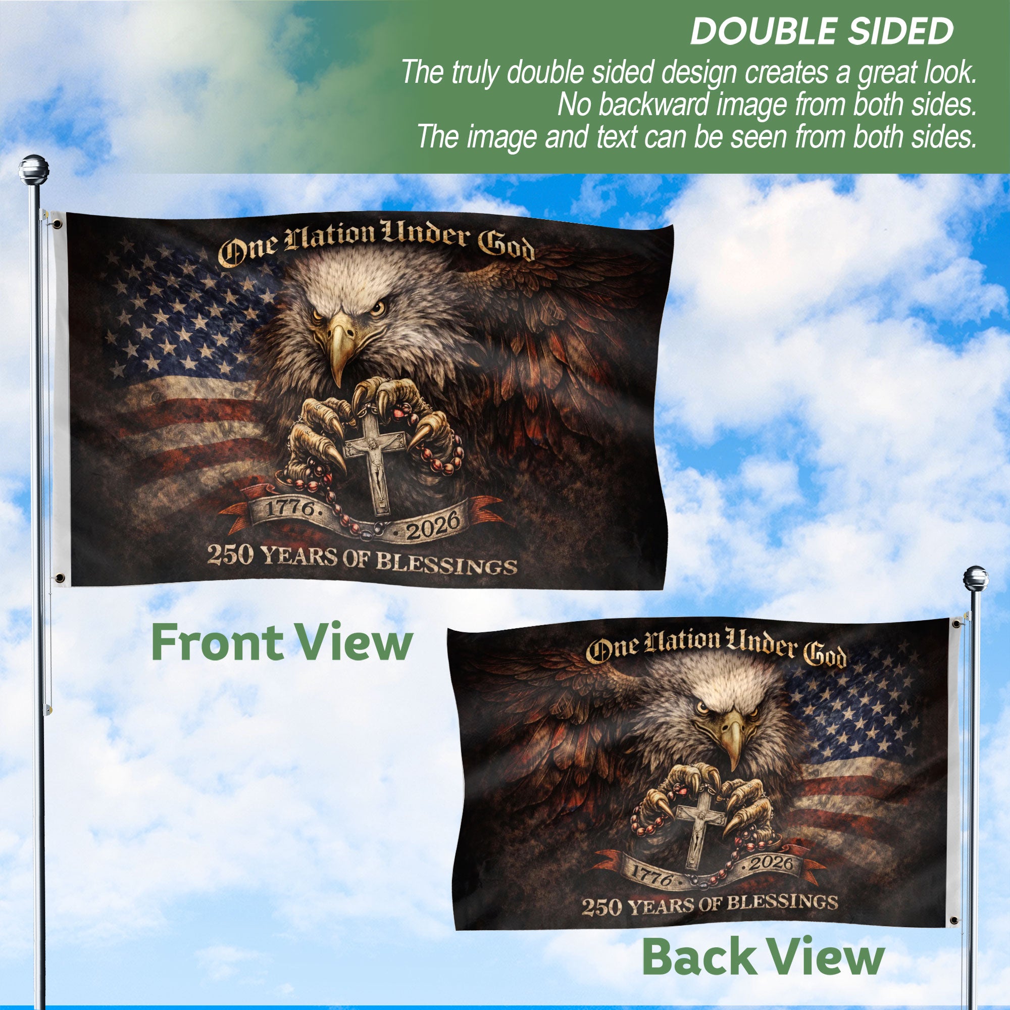 250 Years America Anniversary 1776-2026 Semiquincentennial Christian Flag – One Nation Under God 250 Years of Blessings Double Sided House Flag