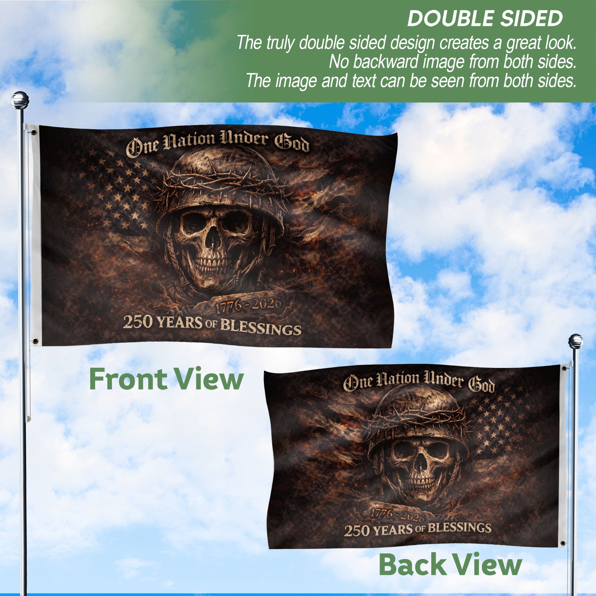USA 250th Anniversary Flag 1776-2026 – One Nation Under God Skull Design 250 Years Patriotic House Banner