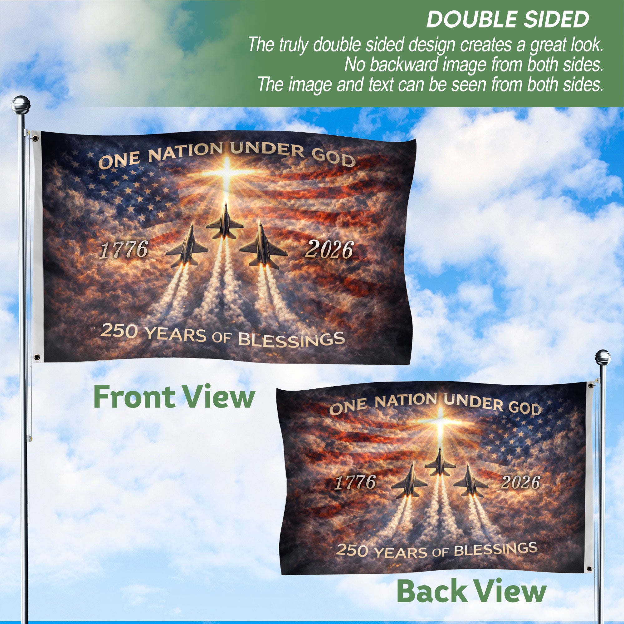 America 250th Anniversary Flag 1776-2026 – One Nation Under God Fighter Jets Cross Double Sided Heavy Banner