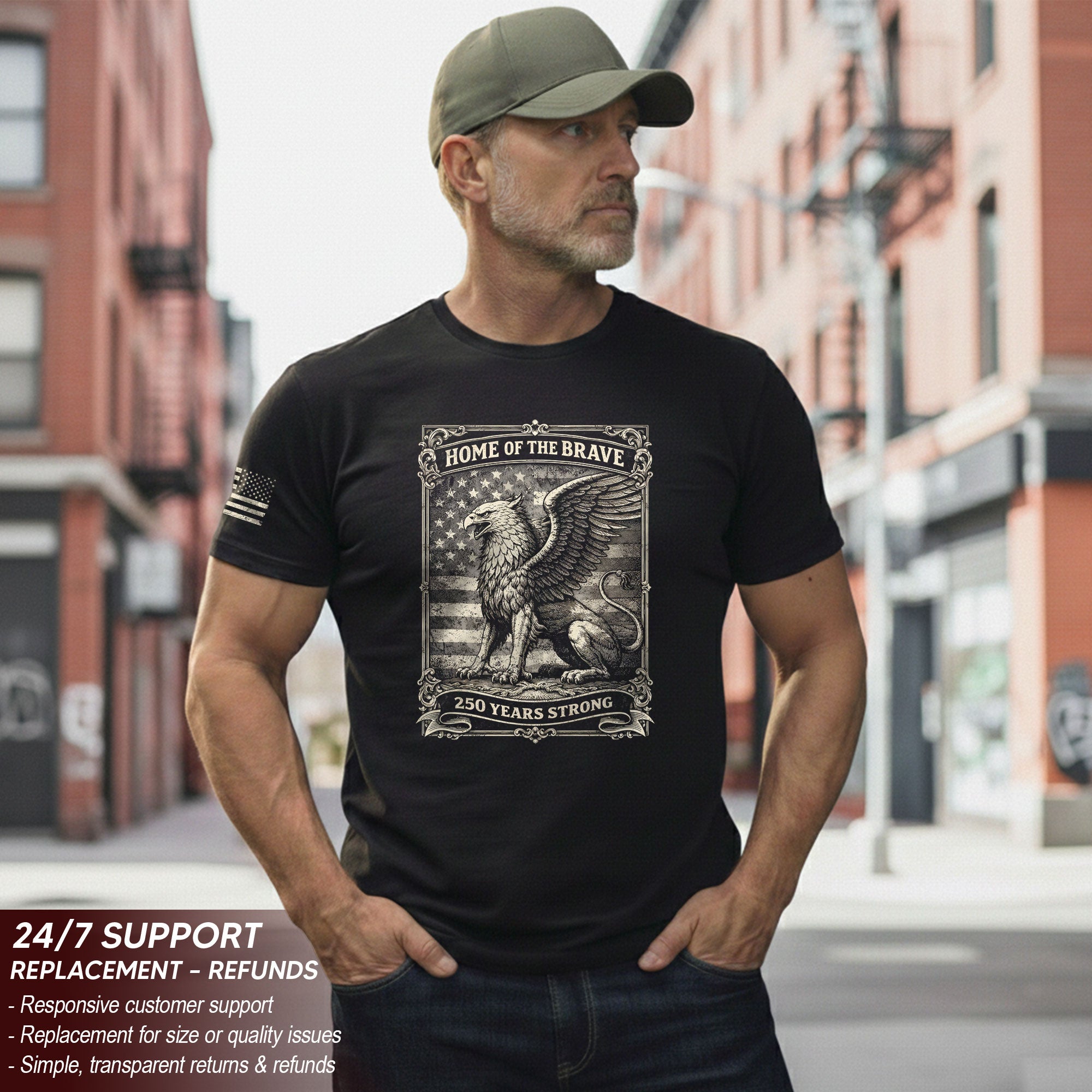 America 250th Anniversary 1776-2026 Semiquincentennial T-Shirt – Home of the Brave 250 Years Strong Griffin & Flag Patriotic Tee
