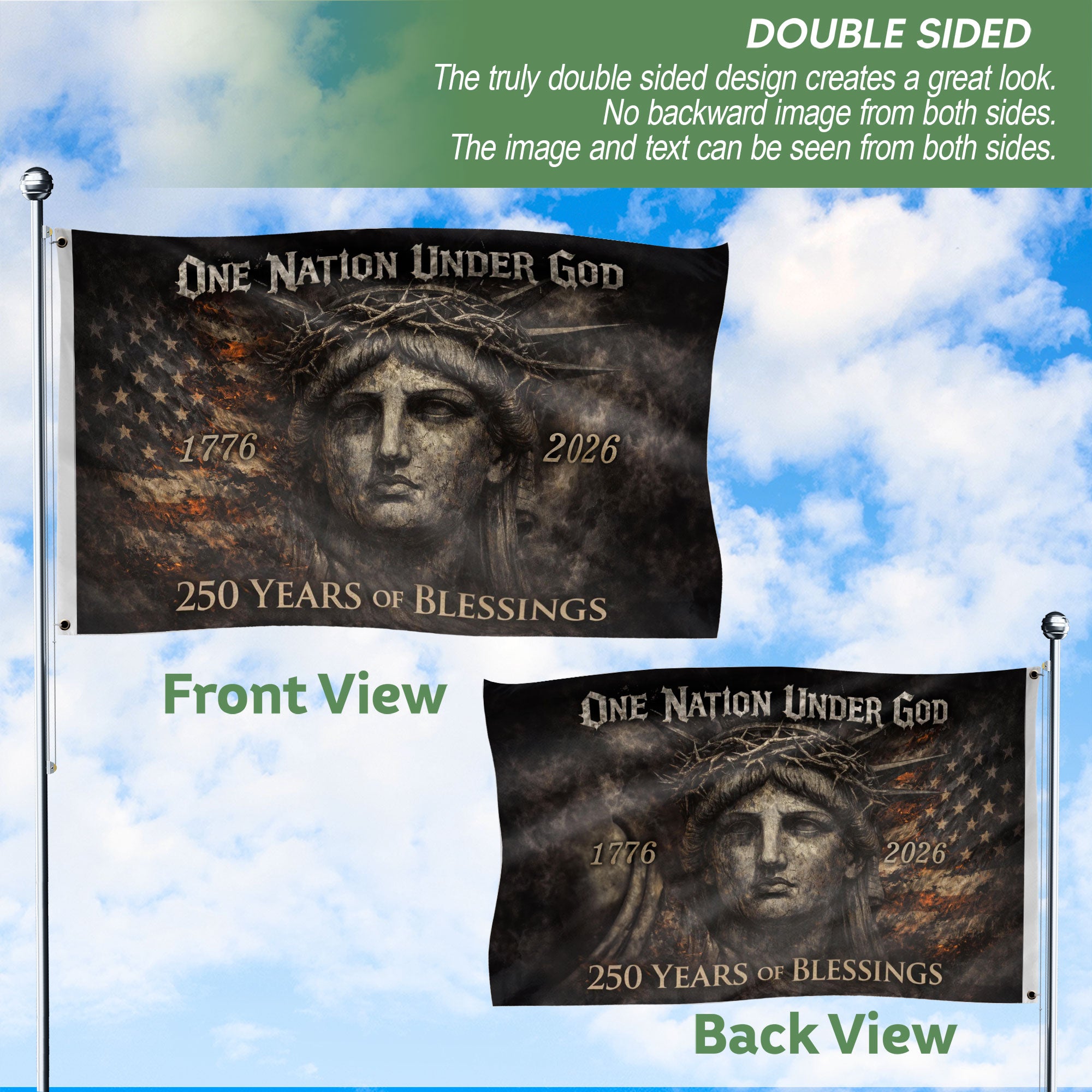 USA 250th Anniversary 1776-2026 Double Sided Flag – Lady Liberty Crown of Thorns One Nation Under God Patriotic Banner