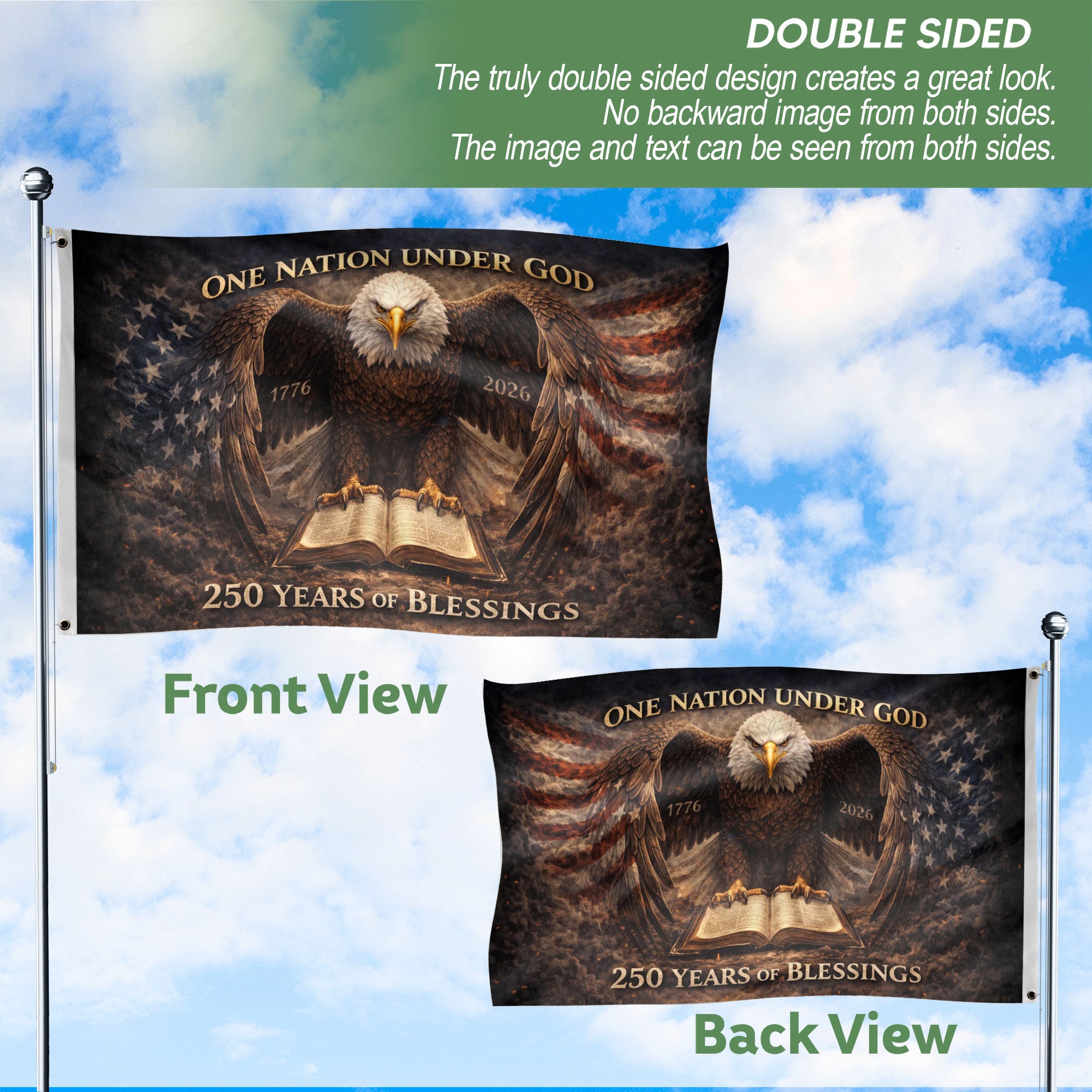 250 Years America Anniversary 1776-2026 Double Sided Flag – Eagle Holy Bible 250 Years of Blessings Religious Patriotic Banner