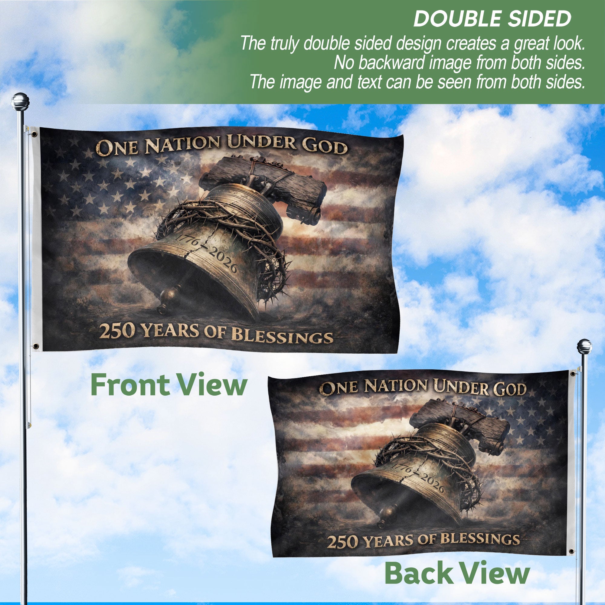 USA 250th Anniversary 1776-2026 Double Sided Flag – Liberty Bell Crown of Thorns One Nation Under God Patriotic Banner