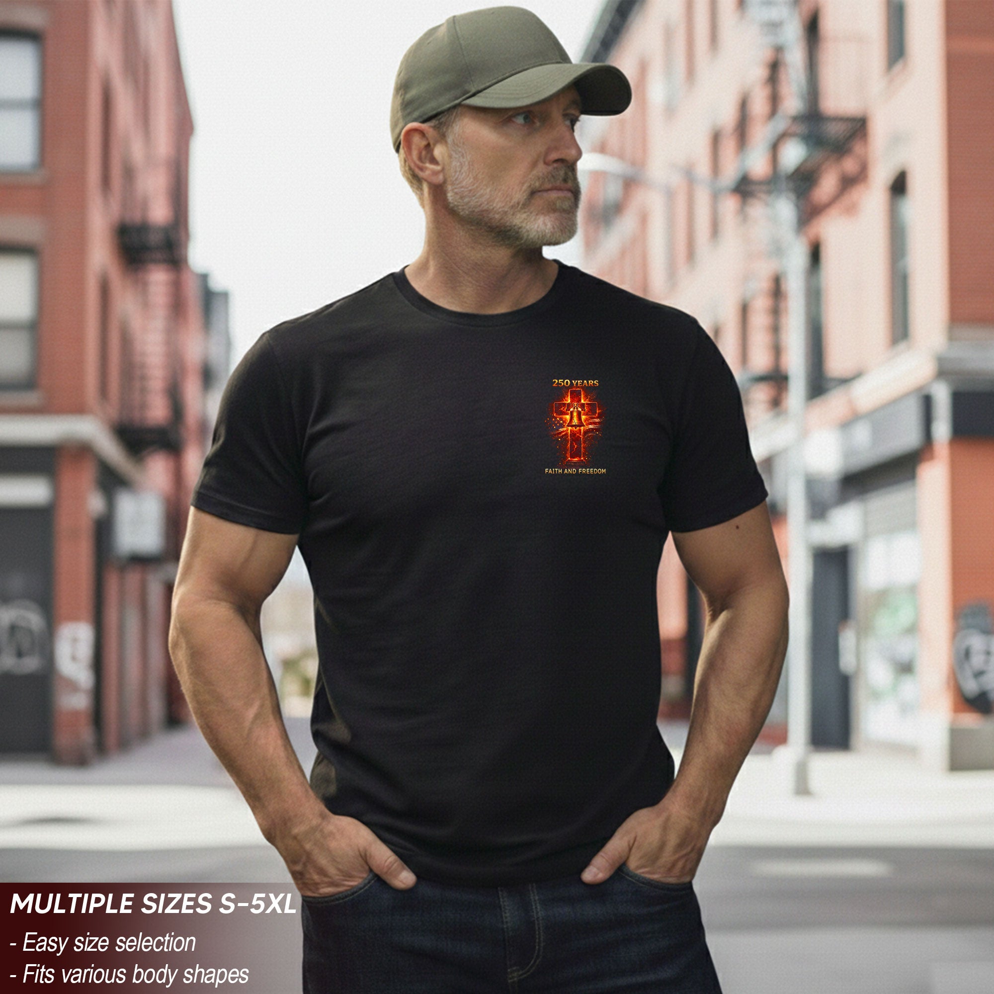 USA 250th Anniversary 1776-2026 Semiquincentennial T-Shirt – Fire Cross Liberty Bell Faith and Freedom Patriotic America 250 Tee