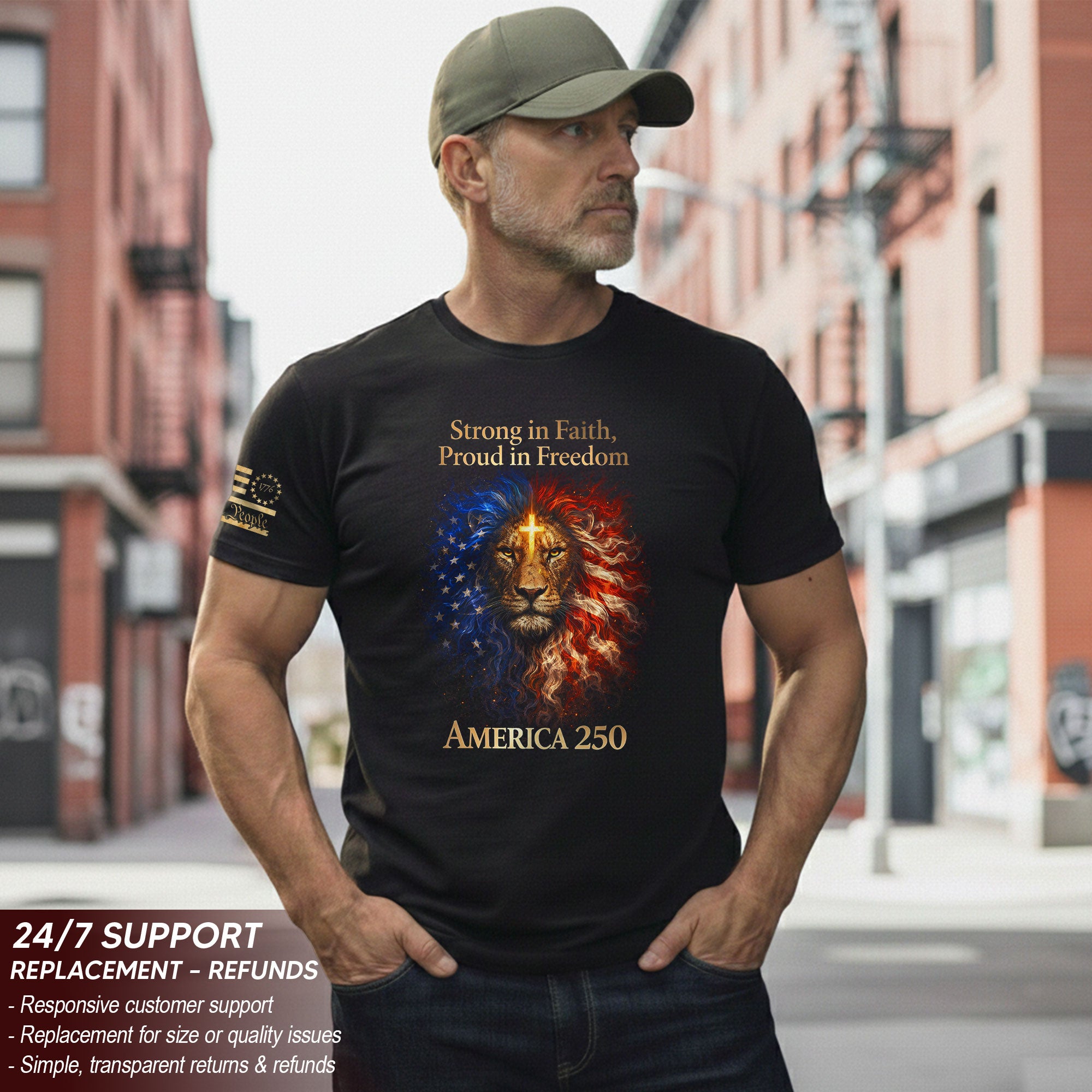 America 250th Anniversary 1776-2026 Semiquincentennial T-Shirt – Strong in Faith Proud in Freedom Lion Cross Patriotic Tee
