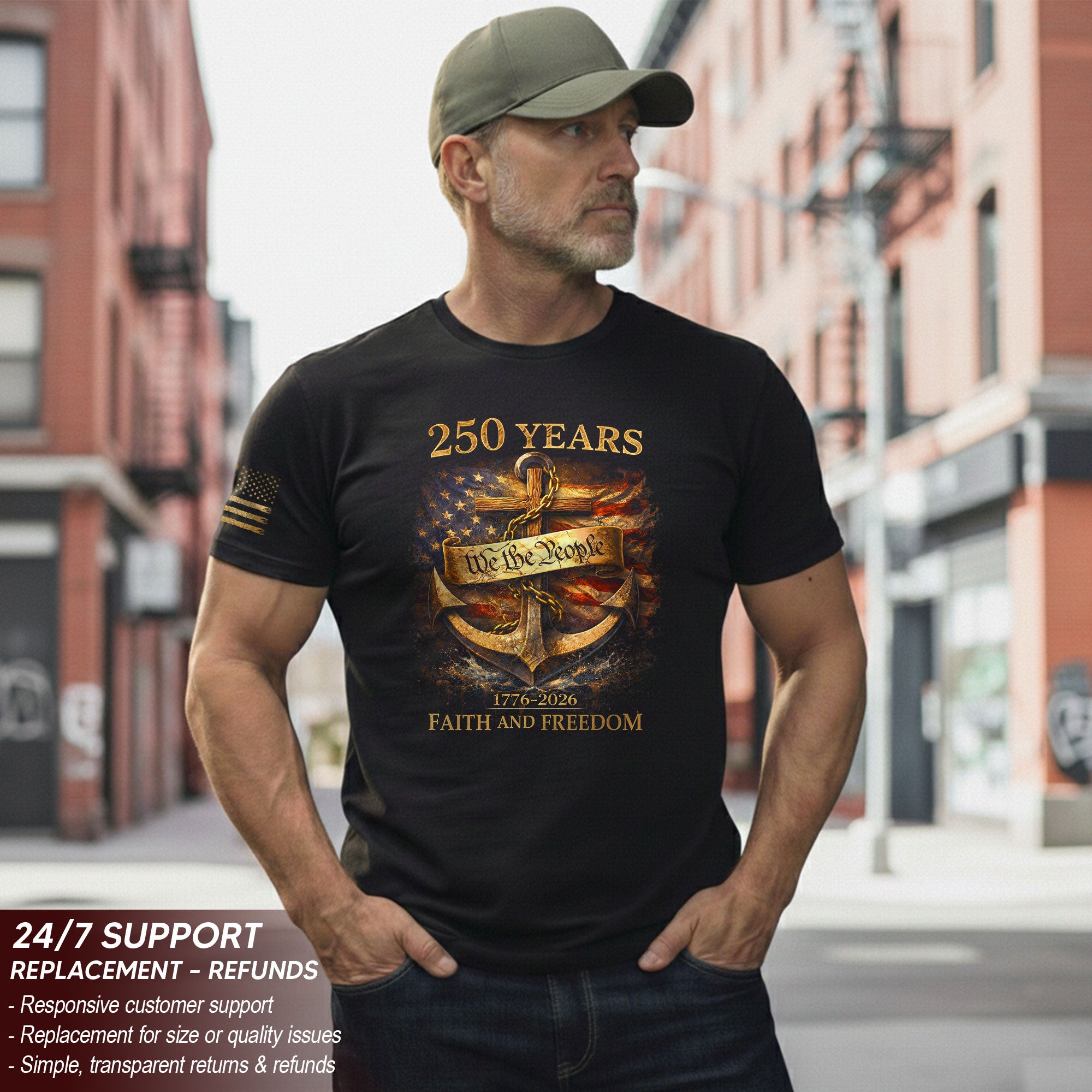 America 250th Anniversary 1776-2026 Semiquincentennial T-Shirt – We The People Anchor of Faith and Freedom Liberty Bell Cross Patriotic Tee