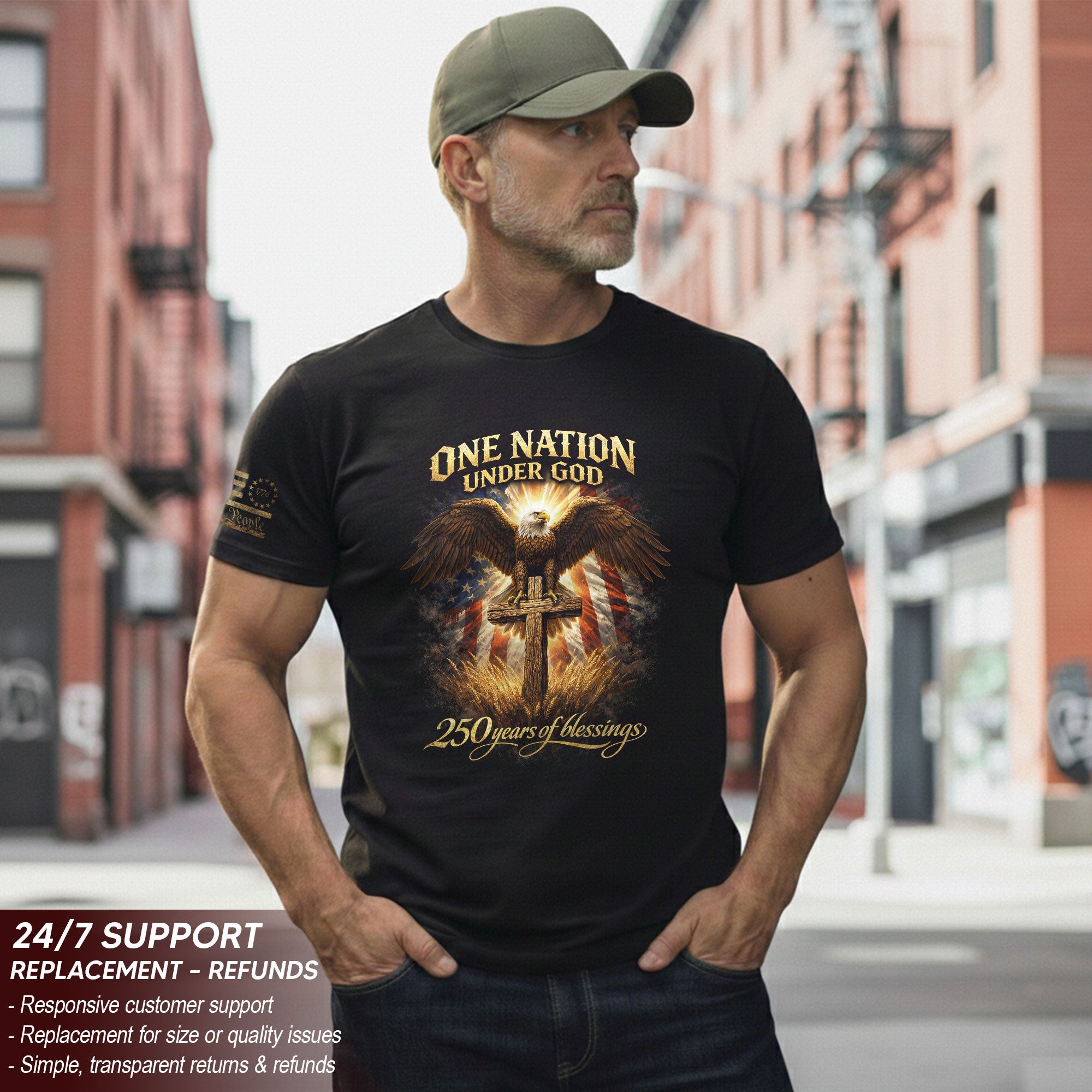 America 250th Anniversary 1776-2026 Shirt – One Nation Under God Eagle on Cross Christian Patriotic Semiquincentennial Tee