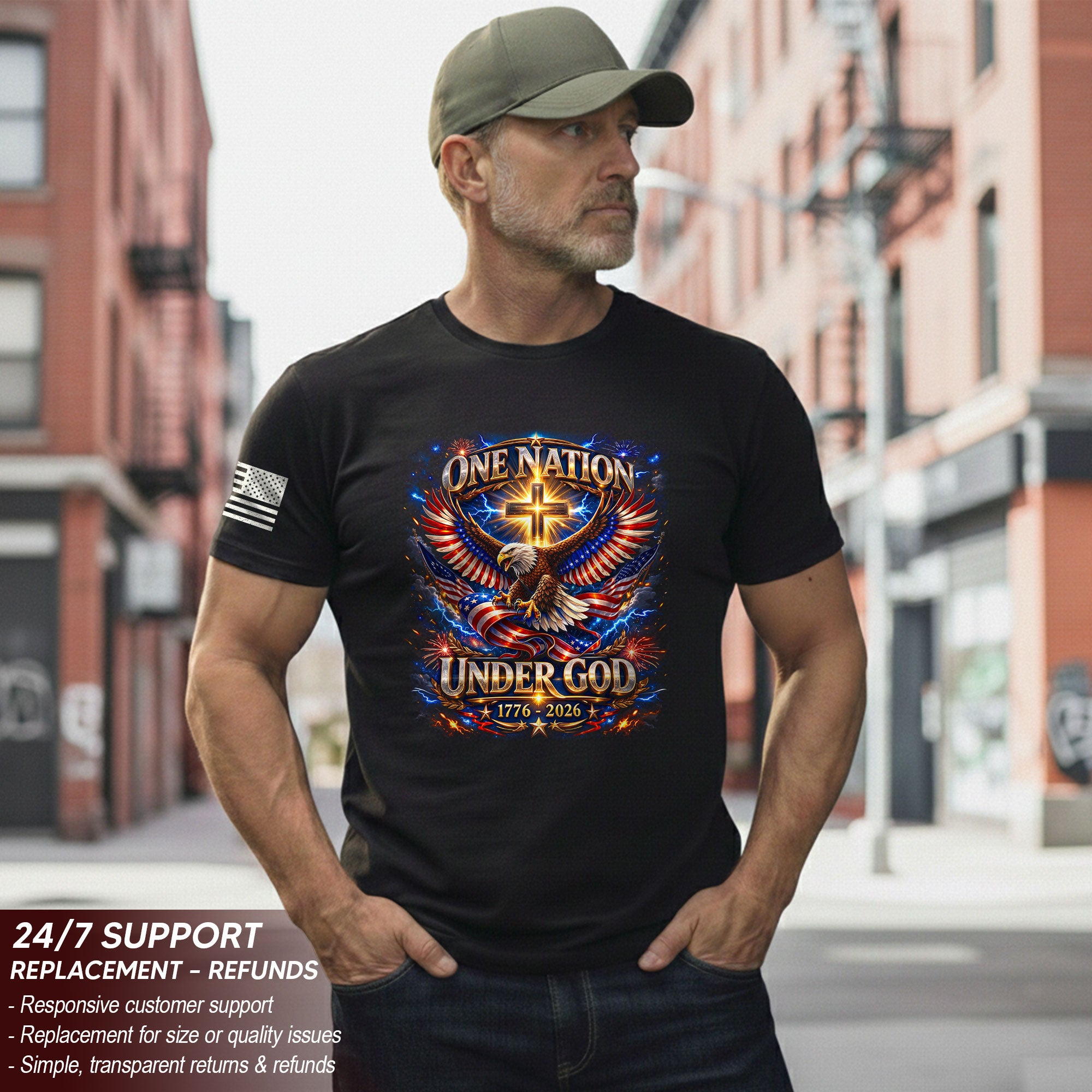 America 250th Anniversary 1776-2026 T-Shirt – USA Eagle & Cross Flag One Nation Under God 250 Years of Faith Patriotic Bootleg Shirt