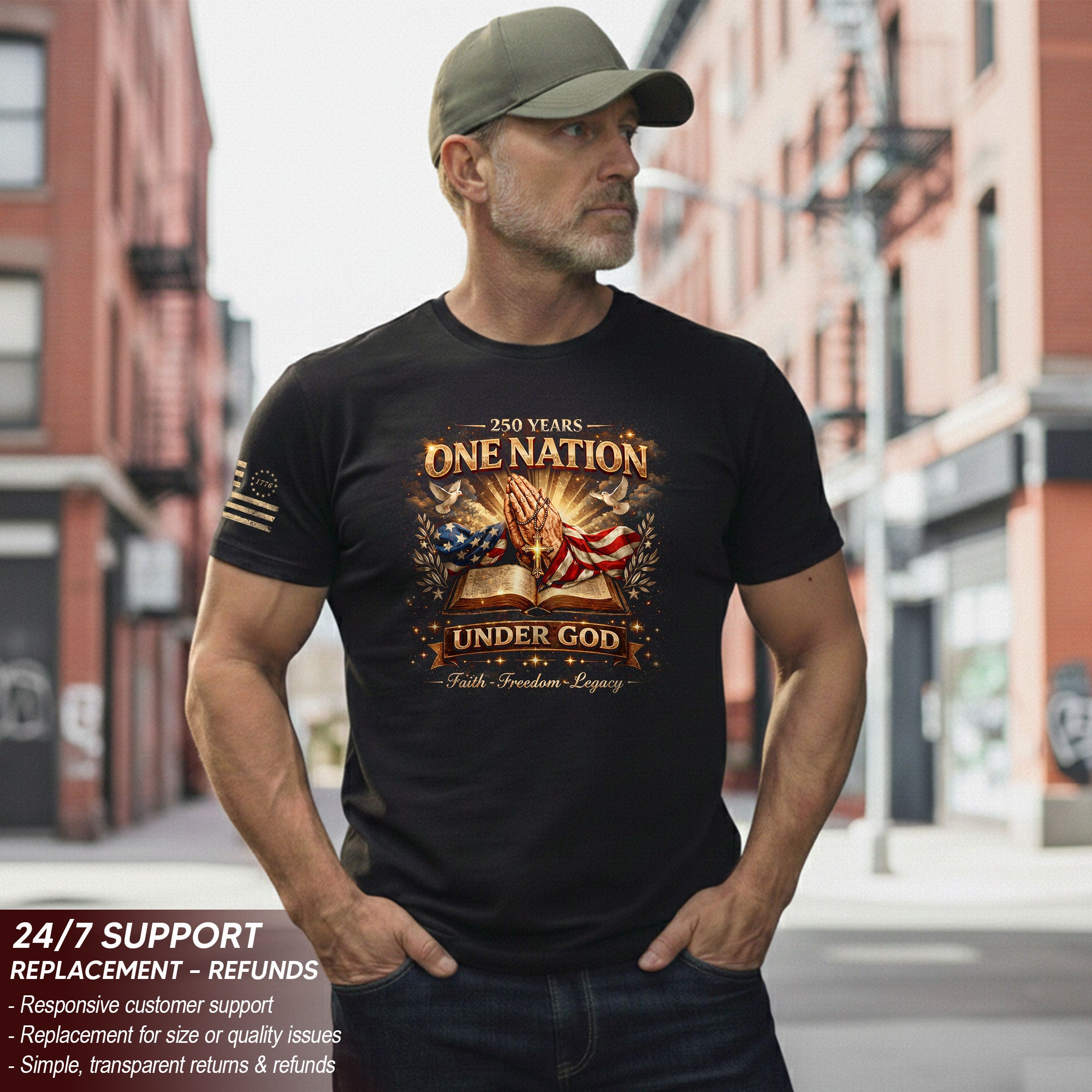 One Nation Under God 250th Birthday of America 1776-2026 T-Shirt – Faith Freedom Legacy Praying Hands Patriotic Merchandise