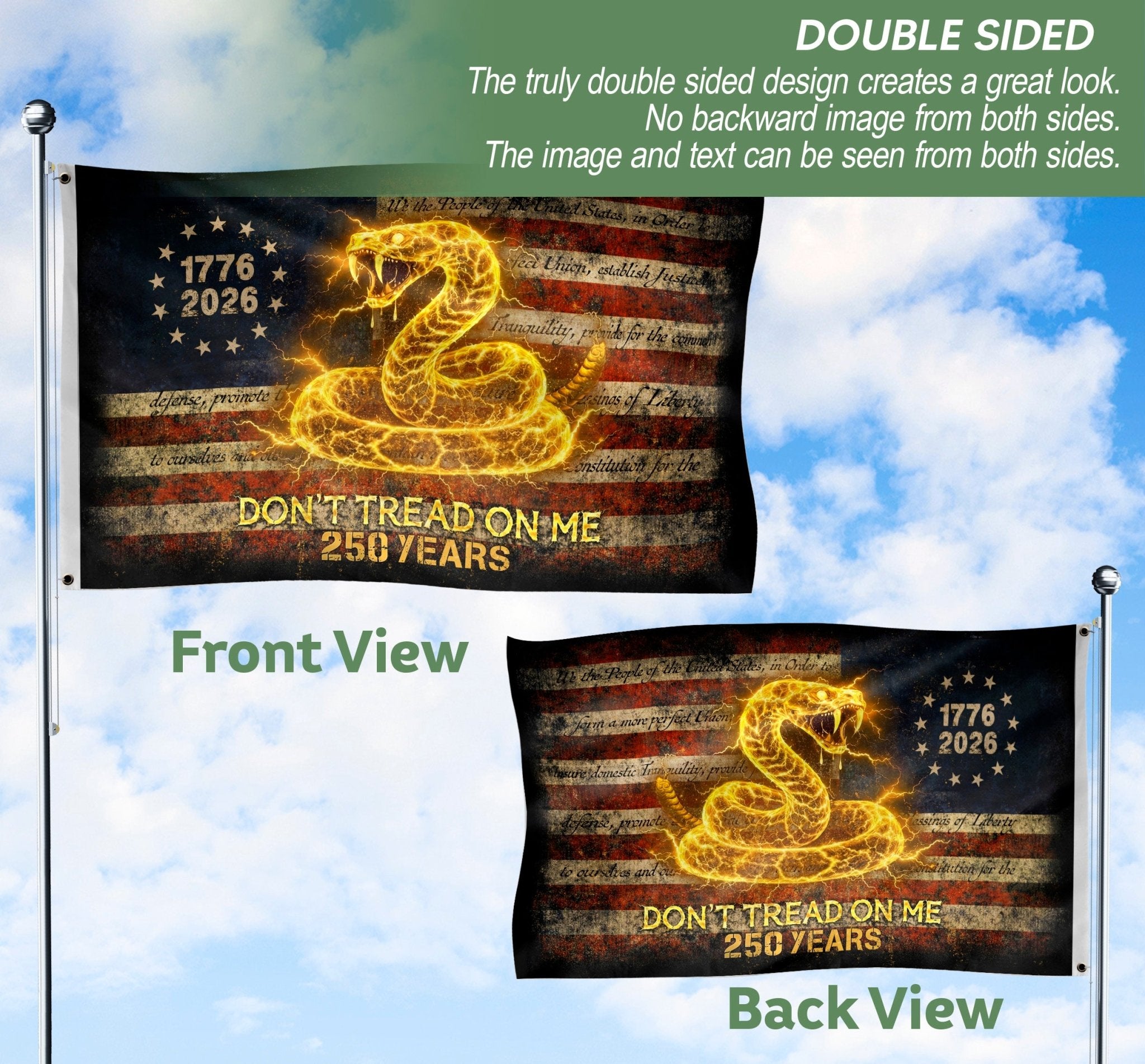 America 250th Anniversary Flag 1776-2026 – Don’t Tread On Me Gadsden Snake Banner upsale - Rust Field Wear