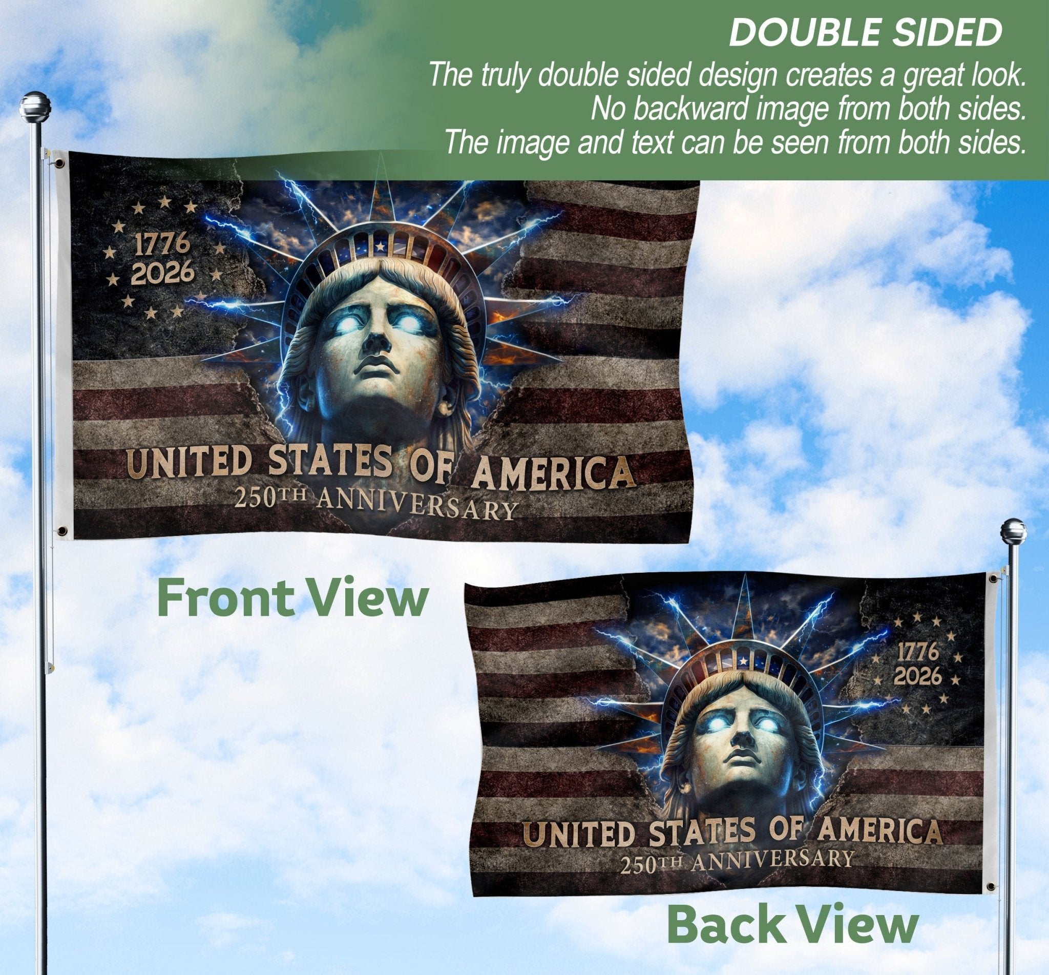 America 250th Anniversary Flag 1776-2026 – Lady Liberty Glowing Eyes Modern House Flag - Rust Field Wear